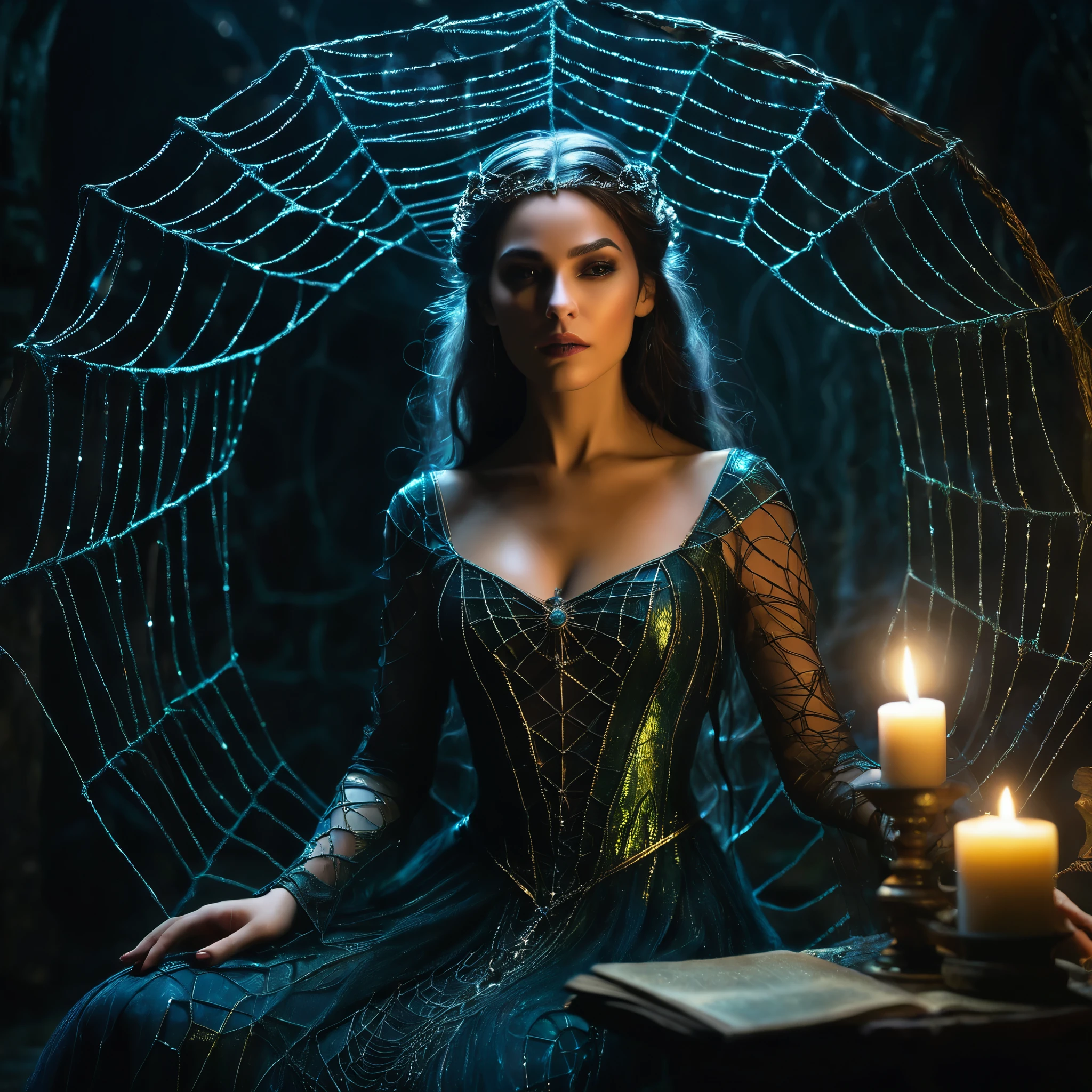 A mysterious enchantress casting spells in a dimly lit chamber, her incantations weaving a web of desire and intrigue.