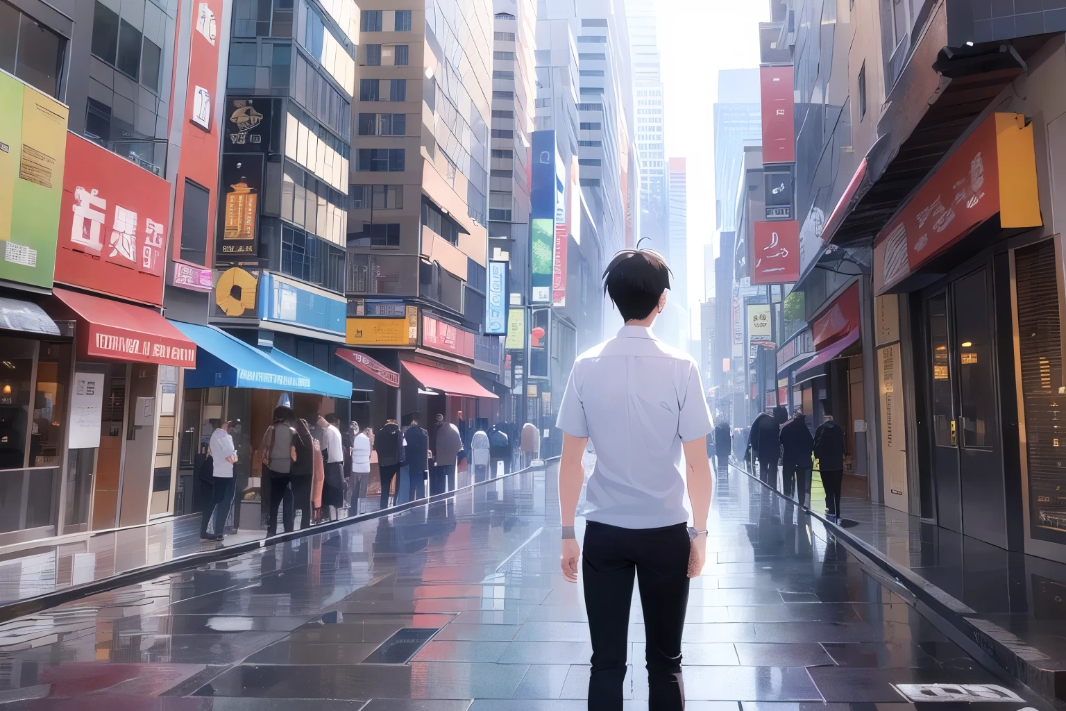 masterpiece、highest quality、(25 year old male:1.5) and (black short hair) and (blue eyes), Striped shirt、Are standing、(confused:1.3), The background is Ginza、(Alone:1.5)