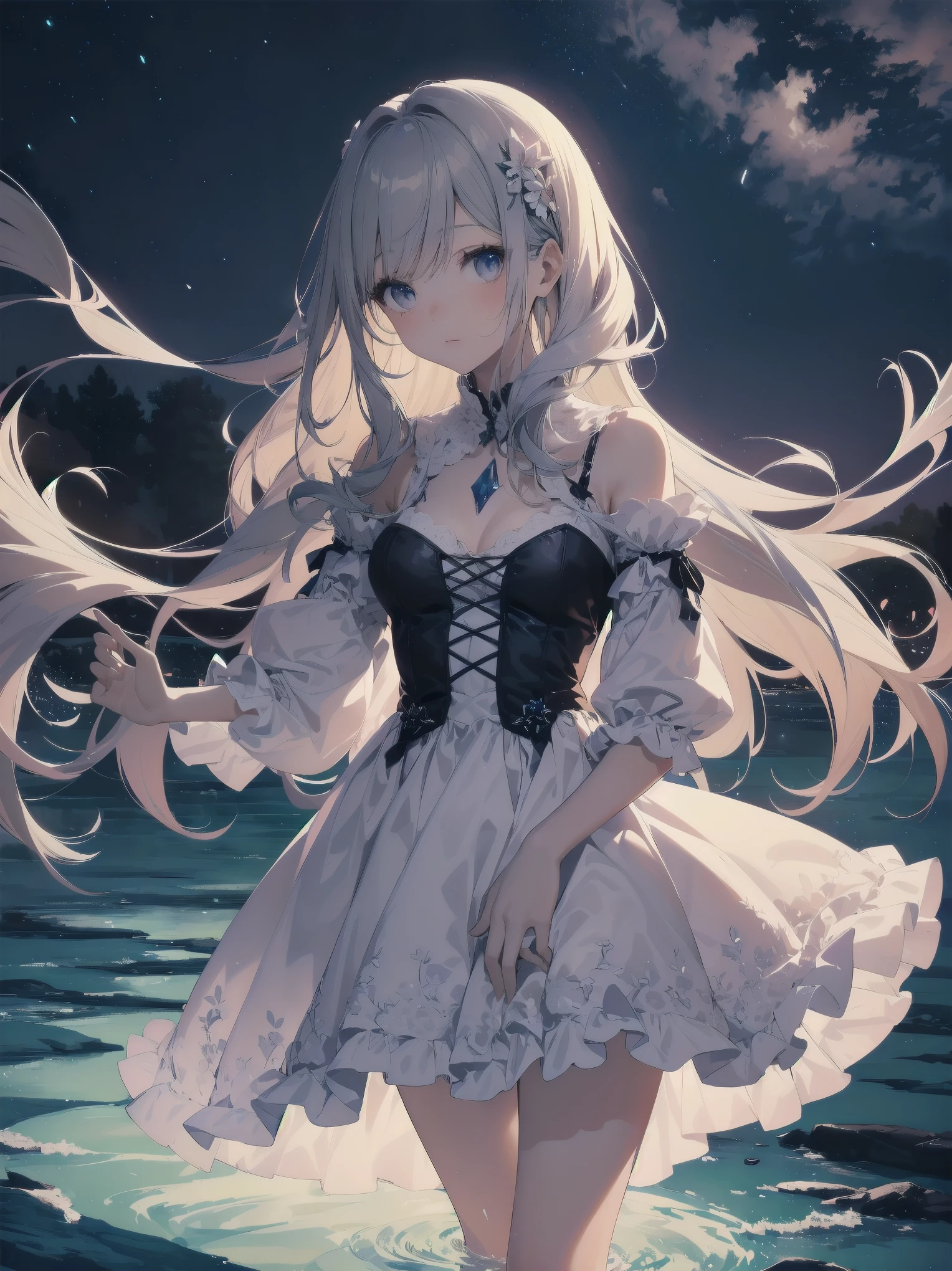 On the banks of a crystal clear river in heaven, a young girl gazes upon a fantastic scene. Her dress, with its extremely delicately crafted ruffles and lace, is both pristine and dreamlike. The dress is adorned with fluorescent light particles that twinkle like stars in the night sky. The surface of the river reflects the colorful glowing steam, further accentuating the fantastic beauty of heaven. The girl is entranced by this miraculous scene and gazes at it as if the moment will be etched in her memory forever.