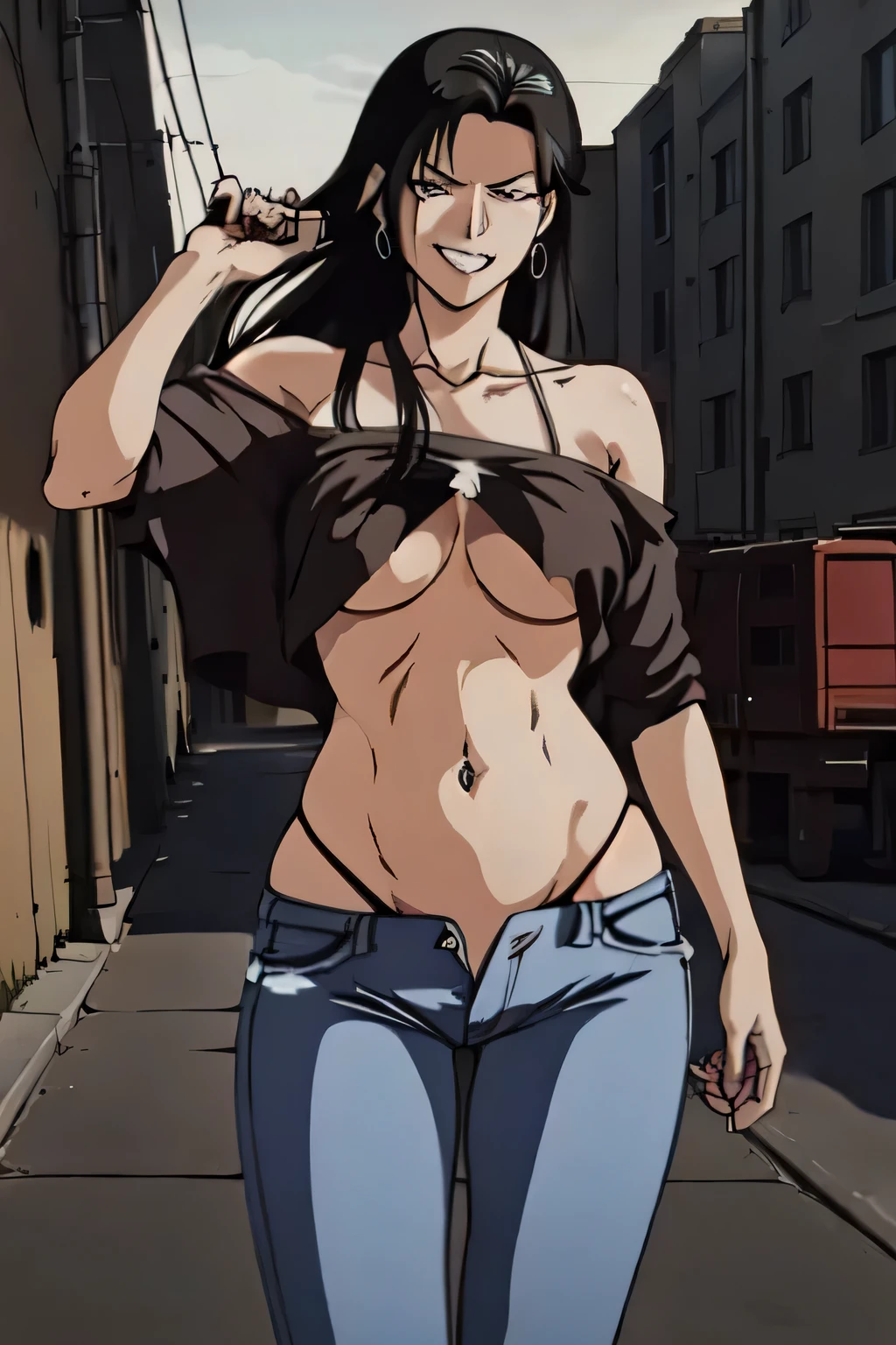 cimagarahau,1woman,
masterpiece,high quality,4k, bare shoulder,belly,crop top,outdoor,cleavage,jeans,casual
dress,street,road,smile, open mouth, (nsfw) not safe for work, holding a gun,handgun, evil expression,
exposed belly, exposed navel, exposed midriff, exposed lower belly, crop top overhang, underboob,
unbuttoned jeans , low rise black jeans, Low rise jeans, Low rise jeans with open fly, navel piercing
