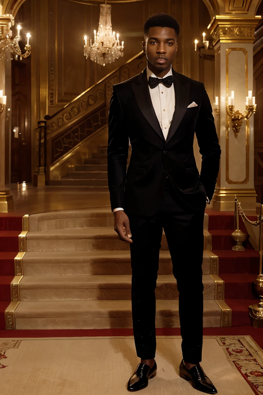 A stunning rendering of a sophisticated African man with beautiful shoes, posing for a photo in a luxurious palace. The grand and rich setting is adorned with a red carpet and an elegant staircase. The man has an air of elegance and confidence as he stands in the lavish scene, surrounded by opulent decor and ornate architecture. The overall ambiance is cinematic and captivating, transporting viewers to a world of luxury and grandeur.