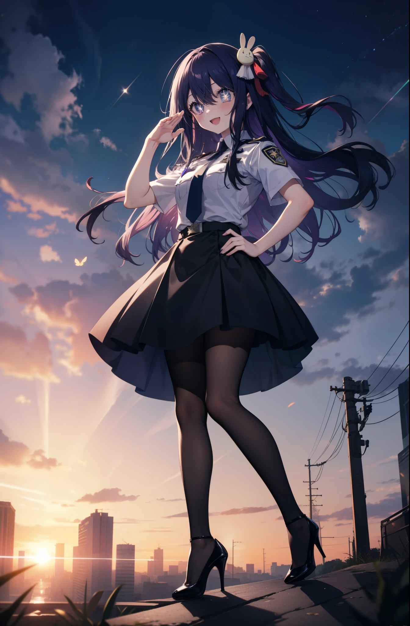 AiHoshino, Ai Hoshino, hair between eyes, hair ornaments, hair ribbon, long hair, one side up, (purple eyes:1.1), purple hair, rabbit hair ornaments, (star-shaped pupil:1.5), シンボルのshapeをした瞳孔,
smile,blush,open your mouth,sexy police uniform,black pencil skirt,black pantyhose,stiletto heels,The girl salutes with her left hand,Place your right hand on your hip.,look up,sunrise,morning,sun, 　　　　　break outdoors, city,building street, 　　　　　　　　　break looking at viewer,
break (masterpiece:1.2), highest quality, High resolution, unity 8k wallpaper, (shape:0.8), (fine and beautiful eyes:1.6), highly detailed face, perfect lighting, Very detailed CG, (perfect hands, perfect anatomy),