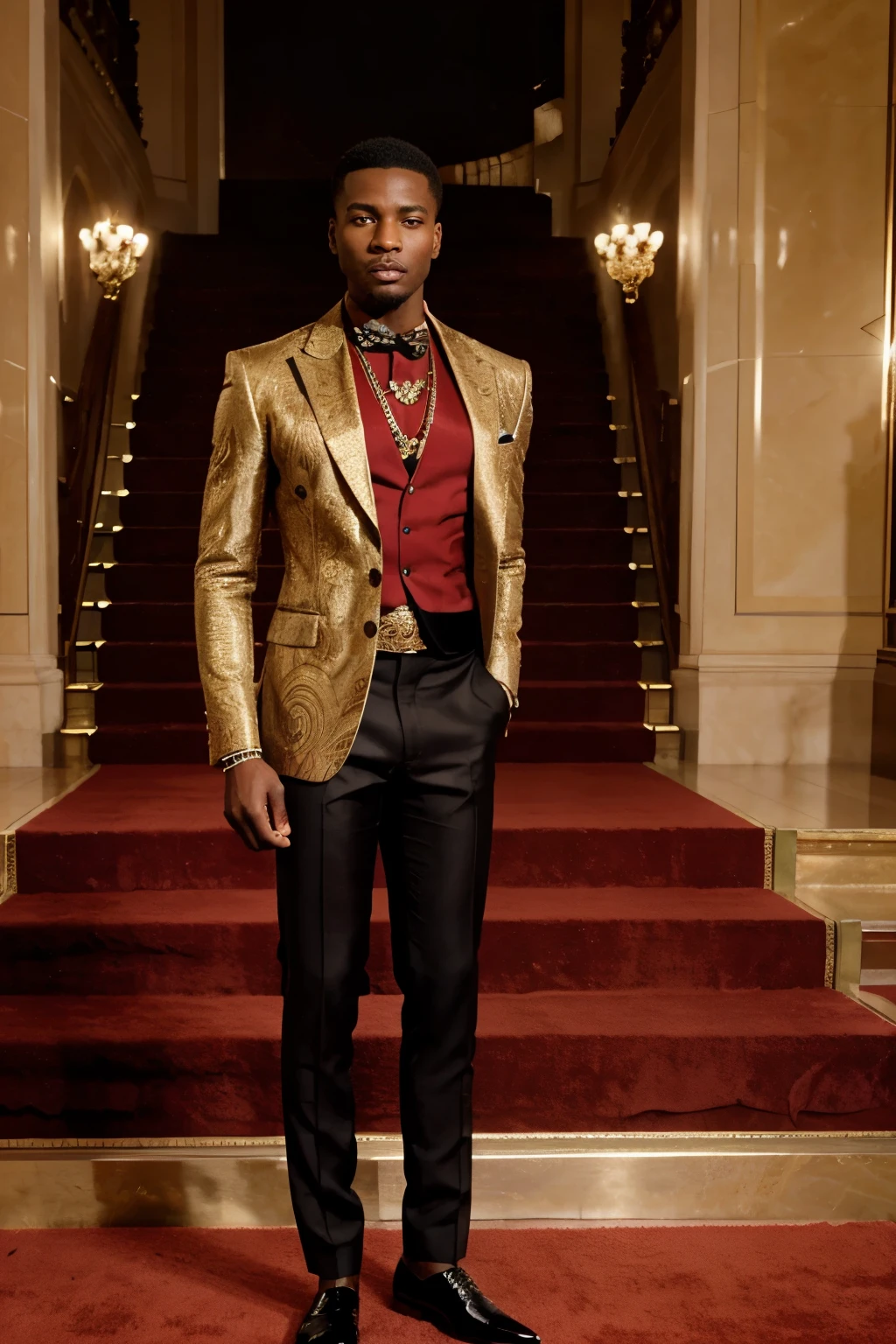 A stunning rendering of a sophisticated African man with beautiful shoes, posing for a photo in a luxurious palace. The grand and rich setting is adorned with a red carpet and an elegant staircase. The man has an air of elegance and confidence as he stands in the lavish scene, surrounded by opulent decor and ornate architecture. The overall ambiance is cinematic and captivating, transporting viewers to a world of luxury and grandeur.