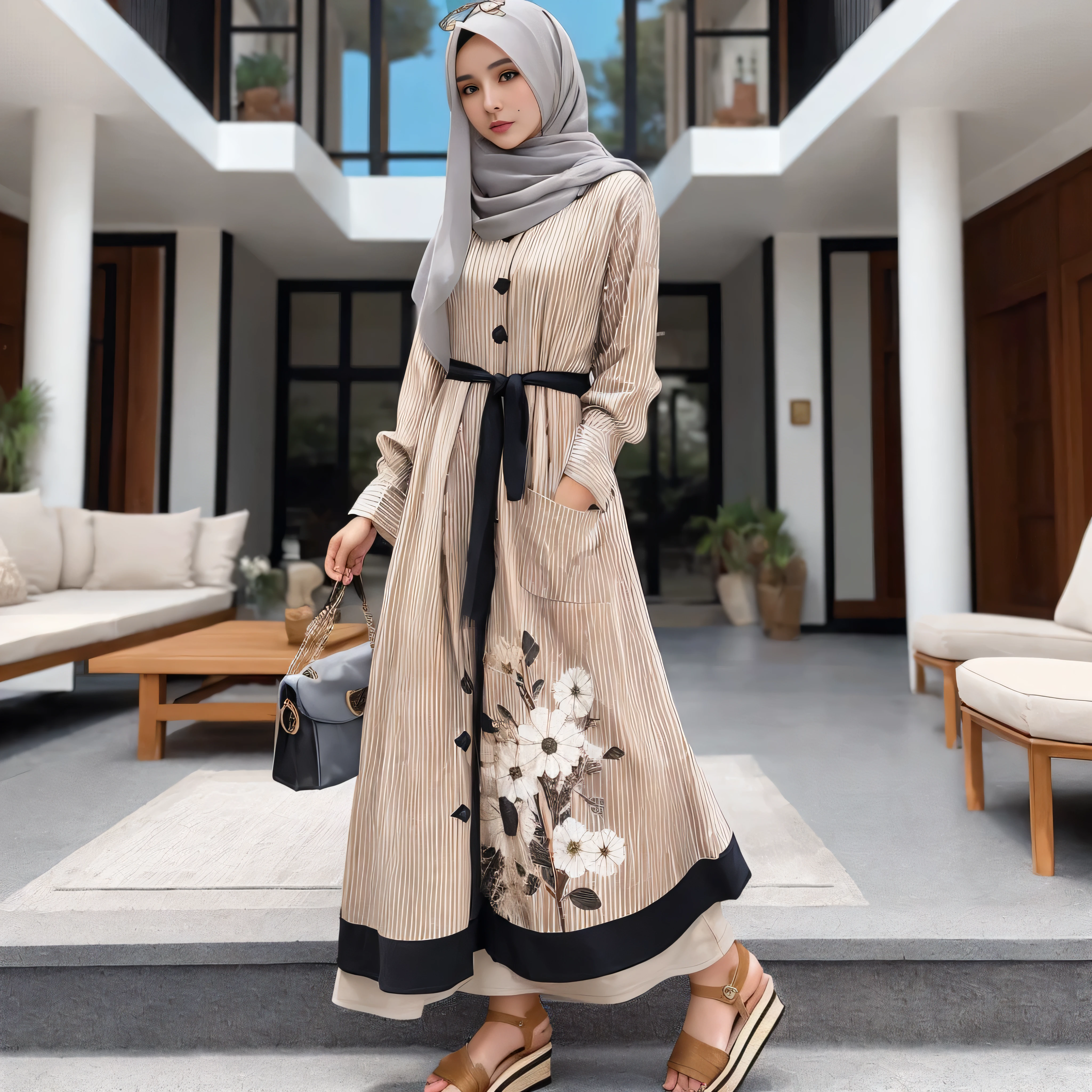 a woman in a hijab is standing on a step, desert robe, floral art novuea dress, hijab, idian dress, masterpiece, classic kimono, beige, modest flowing gown, detailed picture, long dress female, femme, dressed thobe, masterpiece work, garis edelweiss, beautiful masterpiece, long tunic, robe, highly aesthetic, kimono robe detailed toggles