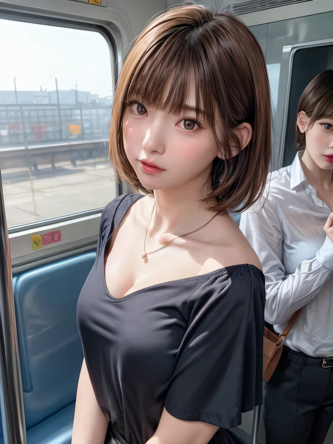 (masterpiece:1.3), (8K, realistic, Raw photo, highest quality: 1.4), (1 girl), beautiful face, (realistic face), (brown hair, you feel the skin、 short hair:1.3,With bangs), beautiful hairstyle, realistic eyes, fine and beautiful eyes, (realistic skin), beautiful skin、((navy miniskirt、off shoulder shirt、I have a black bag、beautiful necklace))、Breast flick、((medium breasts))、(in a crowded train)、From the side、full body、(look away)、I can see the whole body、(Are standing)、crossed arms、((chest hold))、18 year old beautiful girl、beautiful clavicle