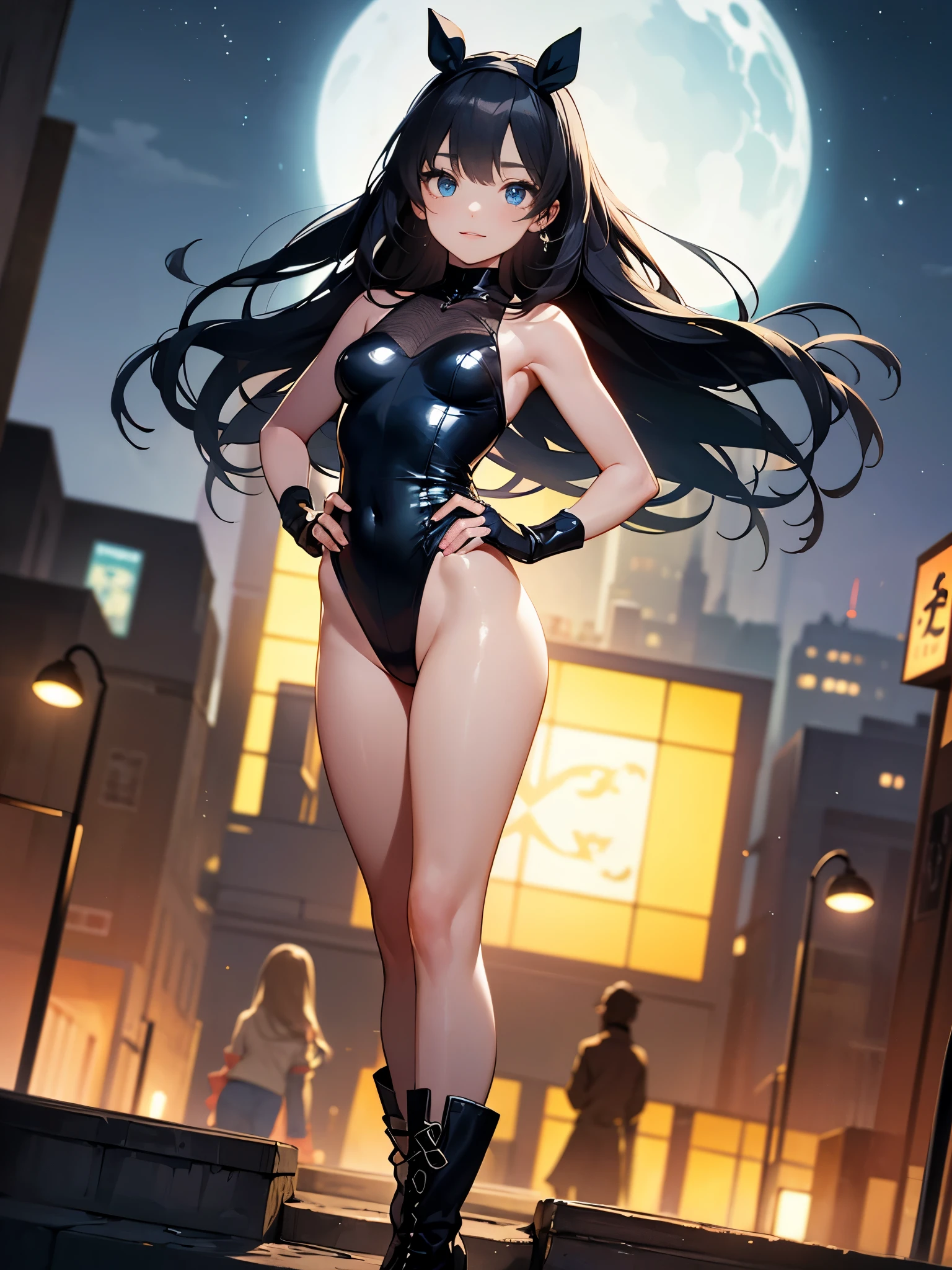 High resolution, Venice, Streets of Europe,((The long-haired:1.3)),(Black hair),Hair is straight,(Yellow headband:1.3),Detailed photos of beautiful women_Face, Young and handsome girl,Realistic:0.5, Perfect Skin, (hyper detailed background, Detailed background), (Very beautiful beautiful Japan woman),((small udder)),((skinny thigh)),Soft skin, High school students,Tall,Mature body,Nice big blue eyes, (High detail eyes),depth of fields),Soft light, Lens glows,looking at viewer, (drooping eyes:1.2), Straight teeth,Smile, Floating hair, Cinematic, fulcolor, 4K, 8K, professional colorgraded, Professional Photography, Soft and clear focus, Photorealistic illumination and shadowing, (Very delicate and beautiful art)1.3, Bokeh, Elegant,Effective angle,Vitality constitutes a breakthrough eyes beautiful eyes, Princess Eyes, (Big eyes:1.3), hair between eye, (slender:1.1), (thin waist: 1.15), (Detailed beautiful girl: 1.4), Parted Lip, Full makeup, (Shiny skin), ((Perfect female body)), Perfect Anatomy, Perfect proportions, Very cute and beautiful Japan actress face:1.3),(blush:1.1), Gray background, solo focus, Cinematic Light, (Nostalgic night view:1.4), Vivid glow of neon, medium breasts, blue and red leotard, bare legs, tight belt, boots, gloves, hands on hip, standing, full body shot, cowboy shot