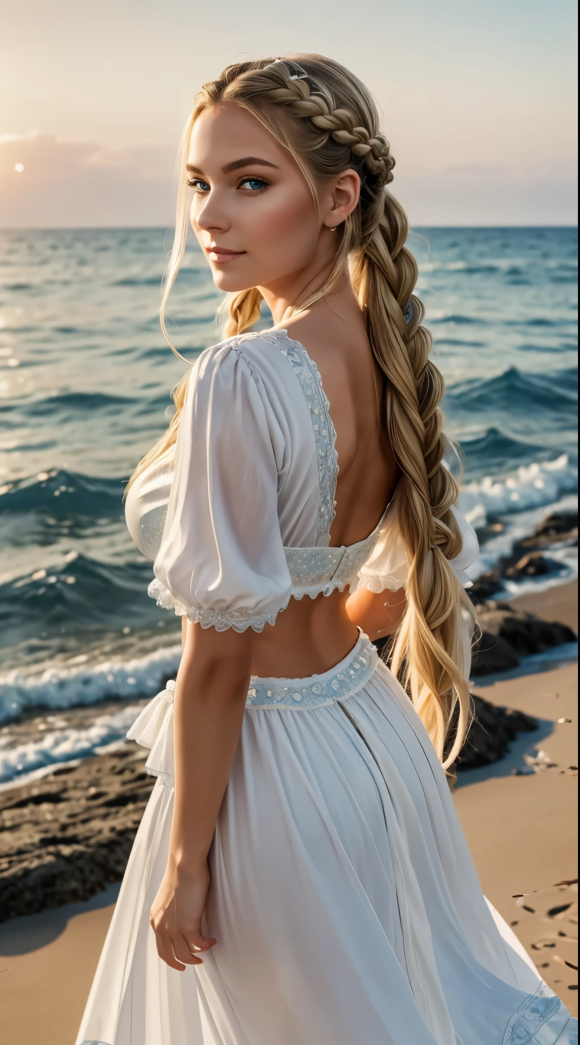 ,((Best quality))),8k,((Masterpiece)),(Extremely refined and beautiful), there is a girl coming out of the sea, a swan princess in Russian mythology, beautiful calm face, blue eyes, long blonde hair braided, the moon braided hair on the back of the head, white old Russian shiny clothes with a Kokoshnik crown on his head, affectionate eyes, half a smile, a gentle expression on his face, seascape and sunlight in the background, seagulls in the sky, full length, realism