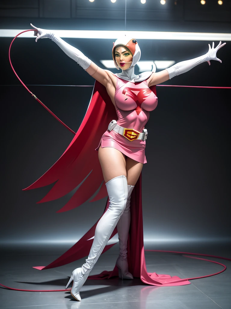 ANI_CLASSIC_jun_gatchaman_ownwaifu,1girl, ,good anatomy, masterpiece, best quality,realistic, hyperrealistic, 16k hdr, long hair,breasts,green eyes,lips,large breasts,lipstick,makeup,gloves,cape,helmet,belt,elbow gloves,white gloves,mask,ultra miniskirt,leotard,spacesuit,white tight overknee highheels boots,pink dress,superhero,bodysuit,cleavage,erected nipples,(sexy pose,front view),(spread legs:1.1),cameltoe