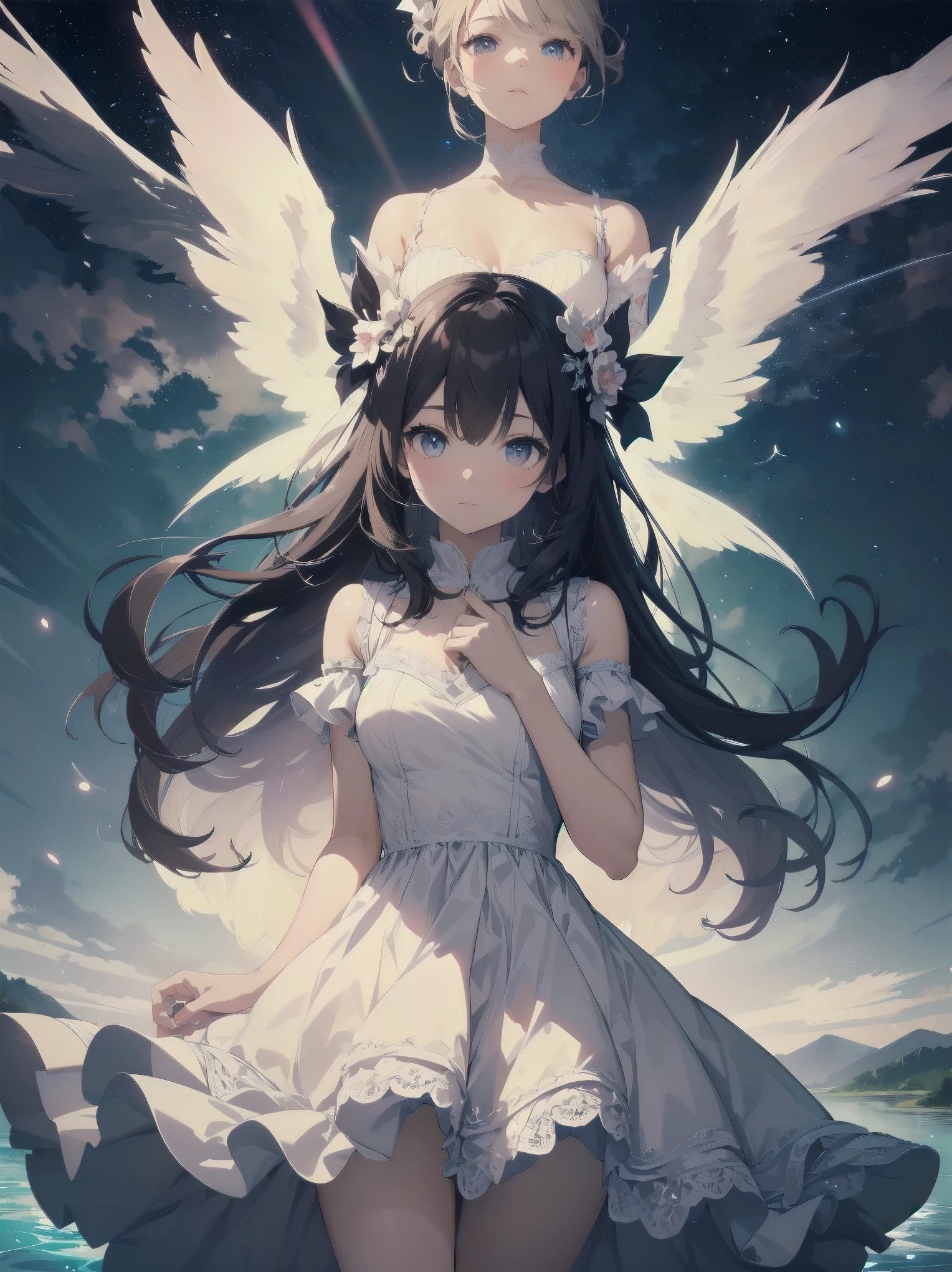 On the banks of a crystal clear river in heaven, a young girl gazes upon a fantastic scene. Her dress, with its extremely delicately crafted ruffles and lace, is both pristine and dreamlike. The dress is adorned with fluorescent light particles that twinkle like stars in the night sky. The surface of the river reflects the colorful glowing steam, further accentuating the fantastic beauty of heaven. The girl is entranced by this miraculous scene and gazes at it as if the moment will be etched in her memory forever.