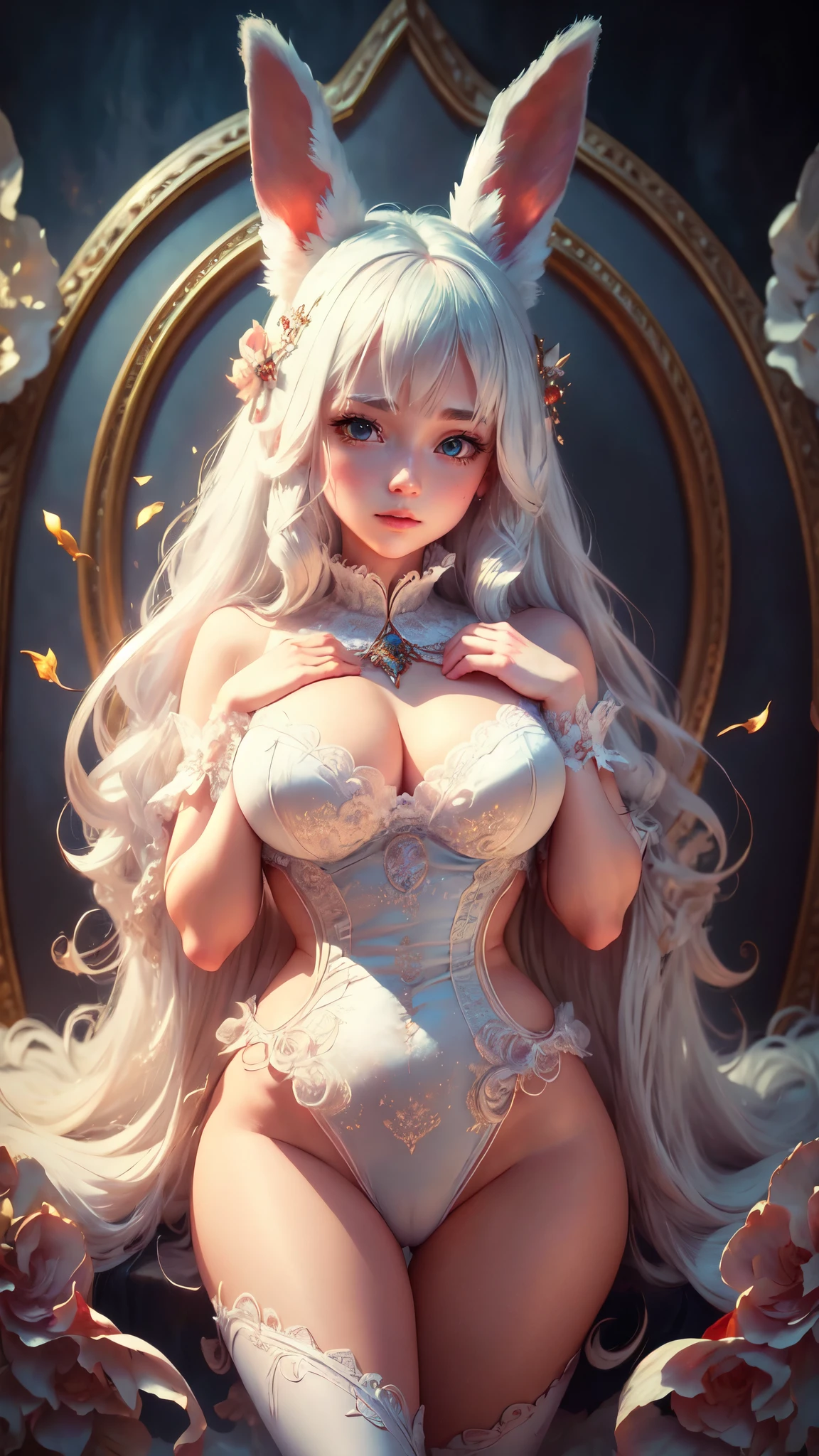 (best quality,4k,8k,highres,masterpiece:1.2),anime,white-haired girl,bunny ears,red eyes,shy blush,,detailed eyes and face,long eyelashes,soft and silky hair,peaceful expression,graceful pose,gentle smile,beautiful detailed lips,vivid colors,fantasy background,soft lighting,subtle shadows,whimsical atmosphere,dreamlike ambiance, full body, detailed face, detailed eyes, detailed hands, half naked