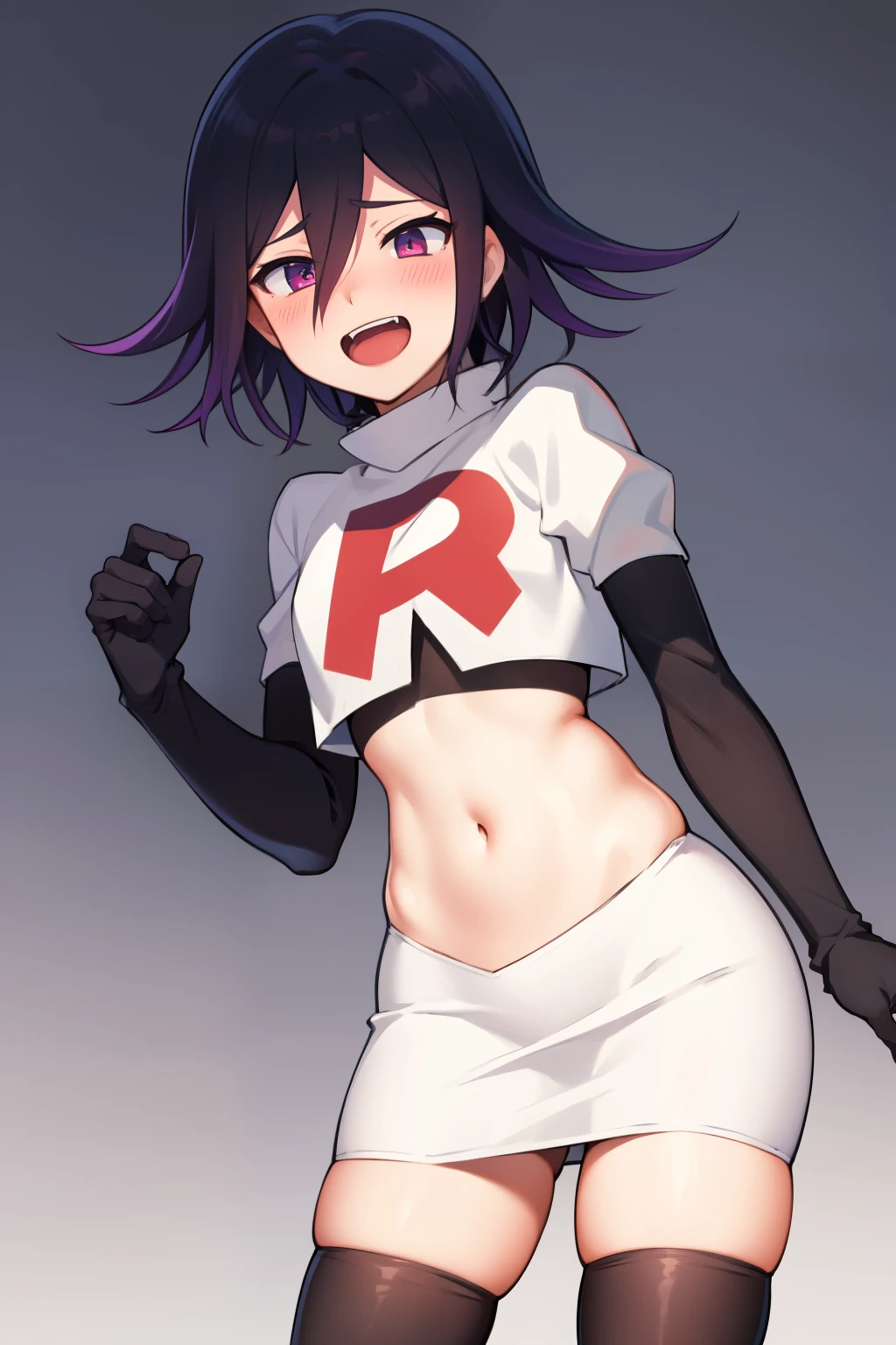 absurdres, cowboy shot, solo, male focus, trap, 1boy, crossdressing,1boy, oma kokichi, team rocket,team rocket uniform, red letter R, white skirt,white crop top,black thigh-highs,black elbow gloves, evil laugh, blush