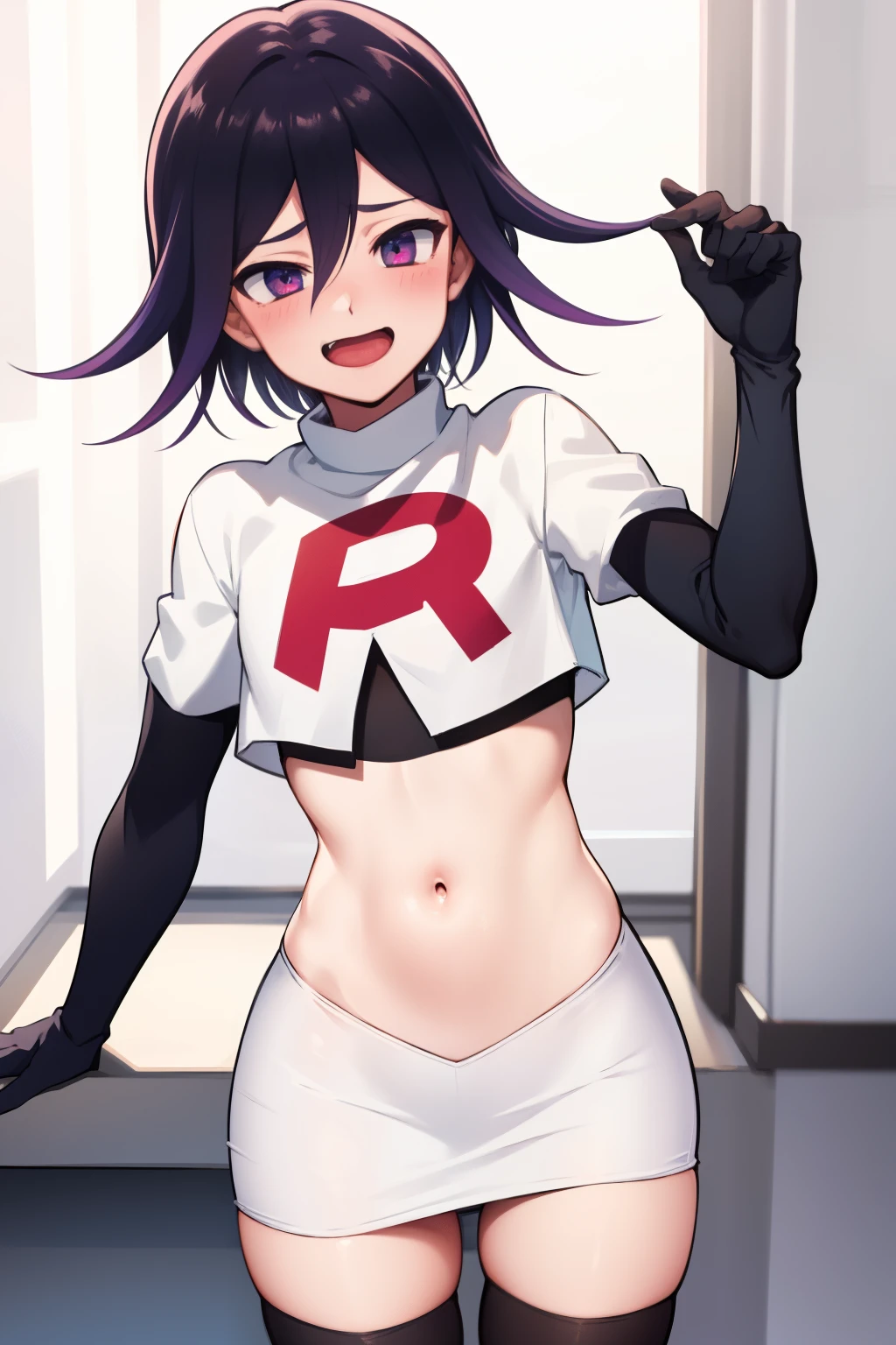 absurdres, cowboy shot, solo, male focus, trap, 1boy, crossdressing,1boy, oma kokichi, team rocket,team rocket uniform, red letter R, white skirt,white crop top,black thigh-highs,black elbow gloves, evil laugh, blush