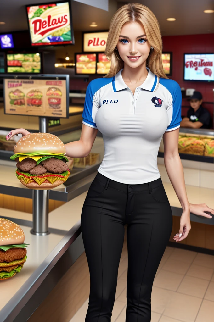 eyes, masterpiece, best quality, 85mm photo, shallow depth of field, tack sharp, (solo, 1girl), 20yo American woman, (most beautiful woman on earth, detailed face and eyes:1.4), blonde hair in ponytail, visor, very tanned white skin, huge blue eyes, (extremely close to camera, leaning toward viewer, from front, cleavage, downblouse:1.5), plump full lips, kind confident smile, huge breasts, cleavage, wide hips, huge perky ass, exaggerated hourglass physique, shredded muscular body, tall statuesque goddess, zero body fat, thick muscular thighs, muscle definition, striations, broad shoulders, deltoids, tiny waist, long lean torso, real hands, (very slender fast food restaurant cashier, behind counter, bent down, polo shirt, black pants:1.4), flexing biceps and legs