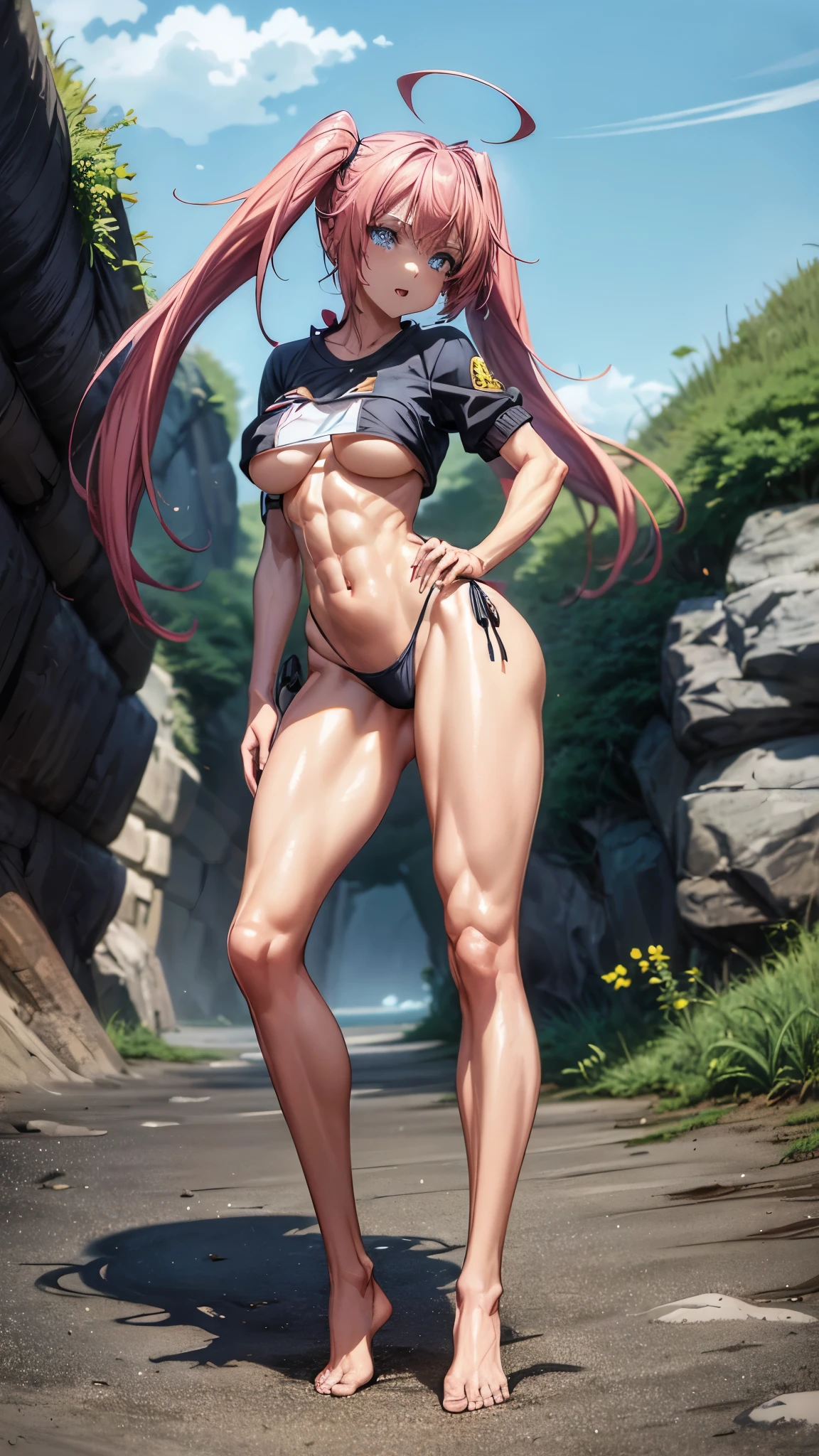 1 girl, (medium boobs))) (((big ass))), (happy), (((wearing short bikini))), (long pink hair), (((blue eyes))), (on the beach with hot sun), (slender), (thin waist), (butt only), legs (slim and muscular), muscular belly, barefoot, (evil look), (( (full body photo))), (standing ), showing ass to the audience, (full body scene), twintails, glowing eyes, eye reflection, anime, Anime Style, ray tracing, glow, drop shadow, panorama, Sony FE, 8k, High Definition, artwork art, Accurate, Anatomically Correct, super detail, Best quality, high resolution, high definition, 16k