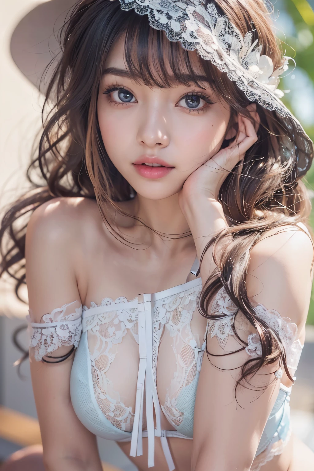 1woman, (Ultra realistic, high res), (highly detailed eyes, highly detailed hair, highly detailed face, highly detailed plump lips), (off shoulder with open breasts), breasts, upper body, caute smile, (best quality:1.4), Raw photo, (realistic, photo-realistic:1.37), professional photography, cinematic light, (fine face: 1.2),fashion model 20 years old, cute, [[[[pure eyes]]]], [[[[closeup]]]], [[[[chest]]]], [[[[neck]]]], [[[[shoulders]]]], perfect eyes, perfect iris, perfect lips, perfect teeth, perfect skin, soft front light, glow, HDR, (muted colors:1.2), Retrato da mulher、white skin、((cabelo Castanho ondas suaves)) Best Blanco Romantico、8k resolution、Frente Illuminada、アメリカの女の子のPortrait、solo、20-year-old、beautiful face、Upper body、medium side cut、beautiful black hair、beautiful little face woman, solo,　black theme,　look at the audience,one woman, It&#39;s real, Wolfsan-6500-V1.3, anime、animeスタイル、beautiful diamond eyes、20 year old american girl、braided hair、swimsuit、portrait beautiful detailed woman, very detailedな青い顔, Reality, beautiful narrow blue eyes, huge file size, Super detailed, High resolution, very detailed, highest quality, masterpiece, An illustration, very detailed, ticker, Unite, 8K painting wallpaper, fine, fine details, masterpiece, highest quality, Hvery detailed ticker uniform 8K wallpaper, face light movie lighting、cuteブラウス, dark background, oil, masterpiece, diffused soft film lighting, Portrait, highest quality (perfect face:1.4),stunning girl pictures,(8K and、photorealistic:1.25) 、(lip gloss、eyelashes、shiny face、shiny skin、highest quality、超High resolution、Depth of the bounds written、chromatic aberration、caustic road lighting、natural shading、sexy 1girl, Extremely cute, Amazing face and eyes, (Beautiful lovely smile), (extremely detailed beautiful face), bright and shiny lips, (cute bikini:1.3), (very elaborate lace bra:1.5), smooth skin, super beautiful, attractive, (Best Quality:1.4), (hyper quality), (Ultra-detailed), (hyper-realistic, Photorealsitic:1.37), Authentic skin texture, complex details, extremely detailed CG unified 8k wallpaper, RAW Photos, professional photograpy, Cinematic lighting, coast, sea, palm trees,masterpiece, best quality, high quality, High definition, High quality texture, High quality shadow, high detail, beautiful detailed, finely detailed, extremely detailed cg, detailed texture, a realistic representation of the face, realistic, colorful, delicate, Cinematic Light, sidelighting, Lens Flare, Ray tracing, sharp focus, (intrica