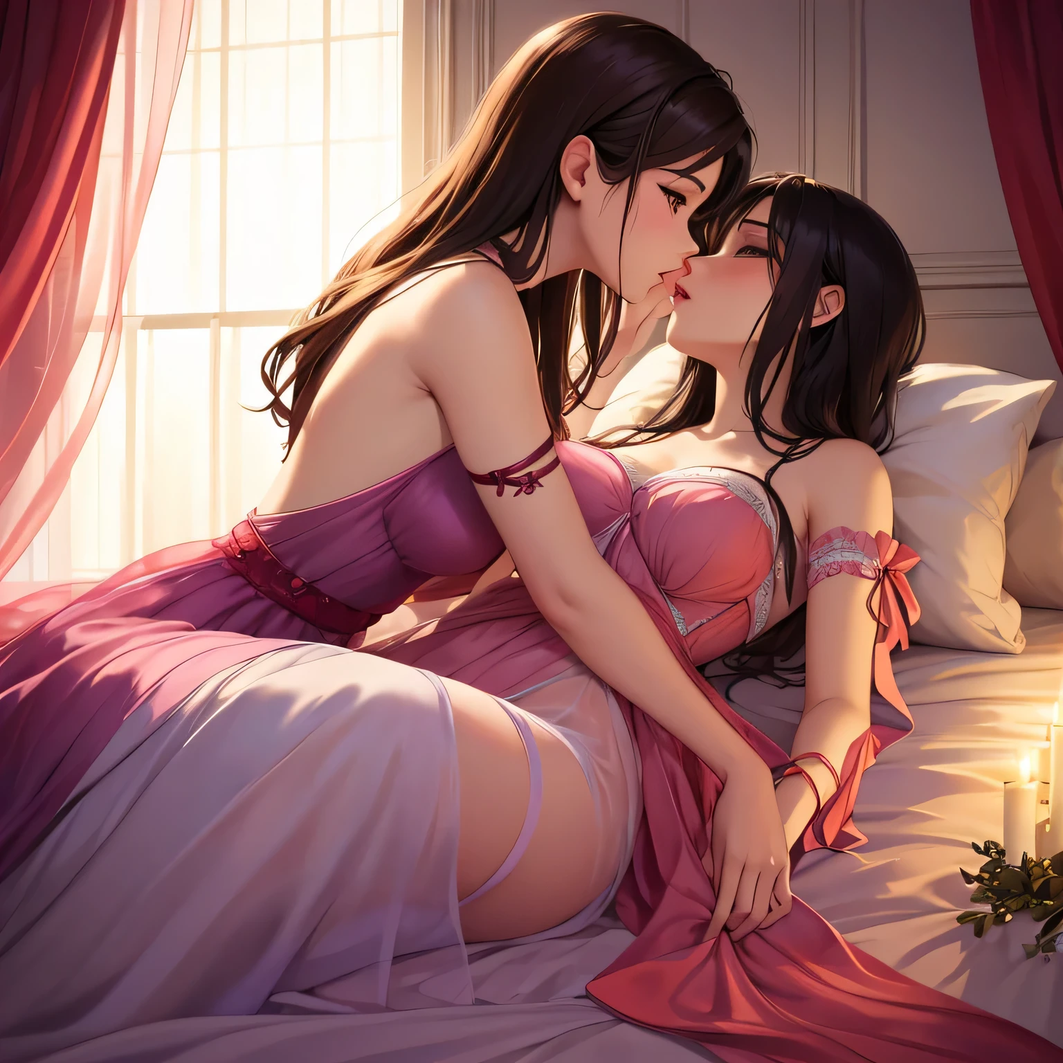 two girl kissing,,(bright lighting,romantic setting),dreamy background,,dark hair, mesmerizing gaze, , soft skin, alluring beauty, artistic portrait, high-quality image, vibrant colors,translucent long silk gown, mosquito net, lying down, romantic bedroom,bondage ,ribbon bondage