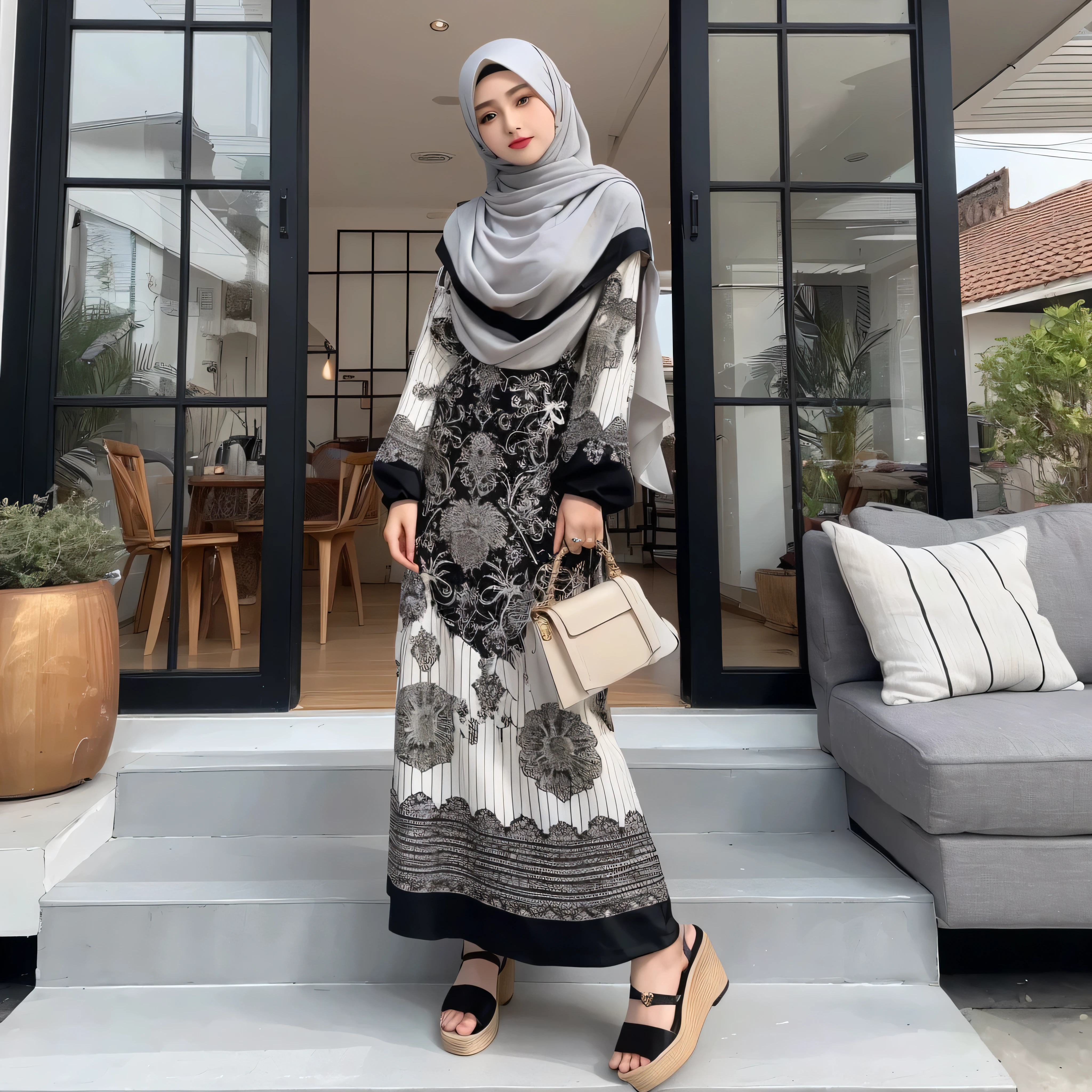 there is a woman standing on a set of steps with a purse, ( ivory black ), monochrome, wearing an elegant tribal outfit, full covered dress, inspired by Nazmi Ziya Güran, inspired by Naza, wearing an ornate outfit, inspired by Mym Tuma, femme, flowy, hijab, with black, beautiful masterpiece, with highly detailed