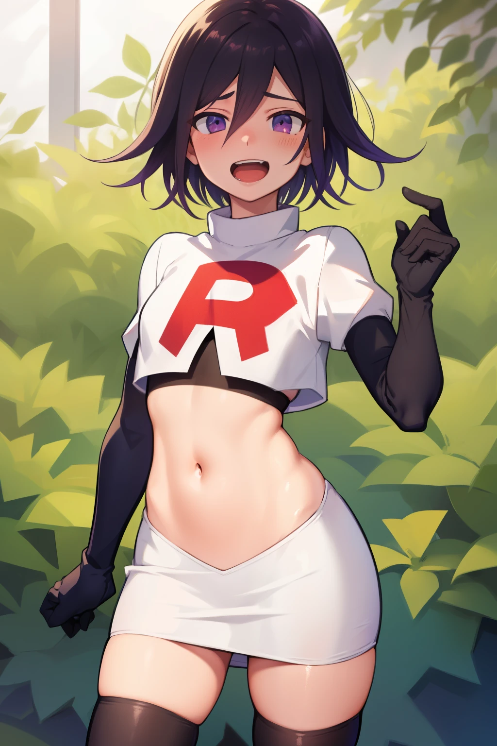 absurdres, cowboy shot, solo, male focus, trap, 1boy, crossdressing,1boy, oma kokichi, team rocket,team rocket uniform, red letter R, white skirt,white crop top,black thigh-highs,black elbow gloves, evil laugh, blush