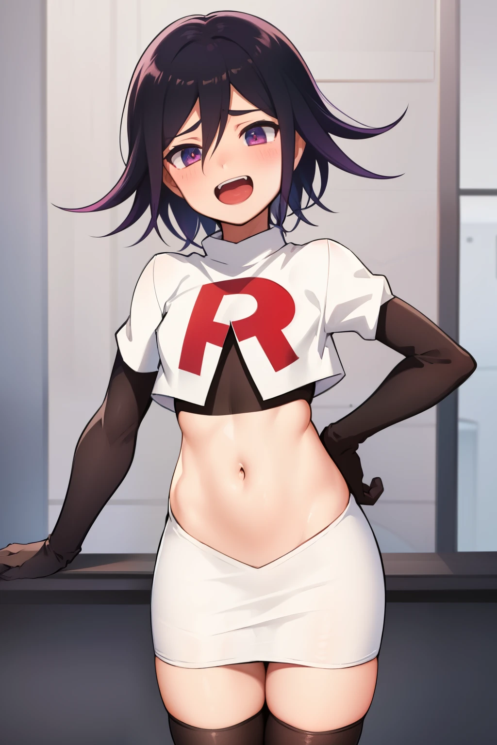 absurdres, cowboy shot, solo, male focus, trap, 1boy, crossdressing,1boy, oma kokichi, team rocket,team rocket uniform, red letter R, white skirt,white crop top,black thigh-highs,black elbow gloves, evil laugh, blush