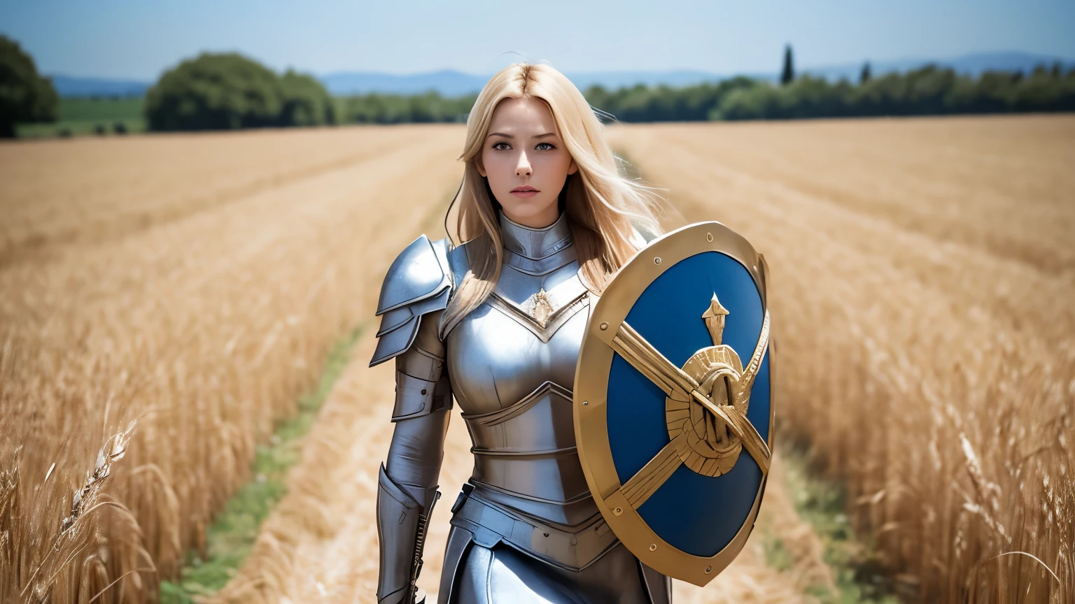 Imagen en 8K y formato 16:9. Beautiful blonde girl in spartan armor in a wheat field at noon. Lente de 50 mm con efecto ramo de fondo. The girl carries a shield and a spear and is in a defensive position... Al fondo, a cypress lined path leading to a classical greek building.