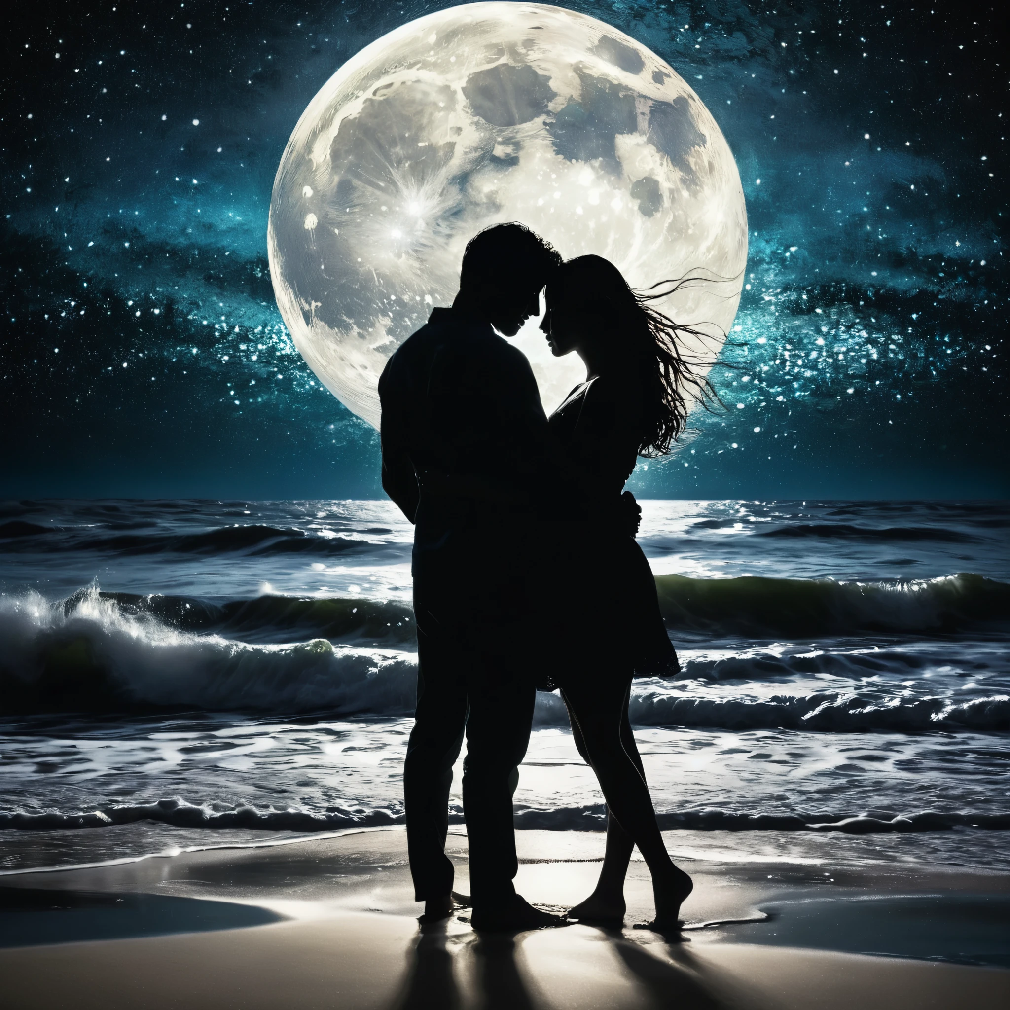 A passionate embrace between two lovers on a moonlit beach, their silhouettes entwined against the shimmering waves.