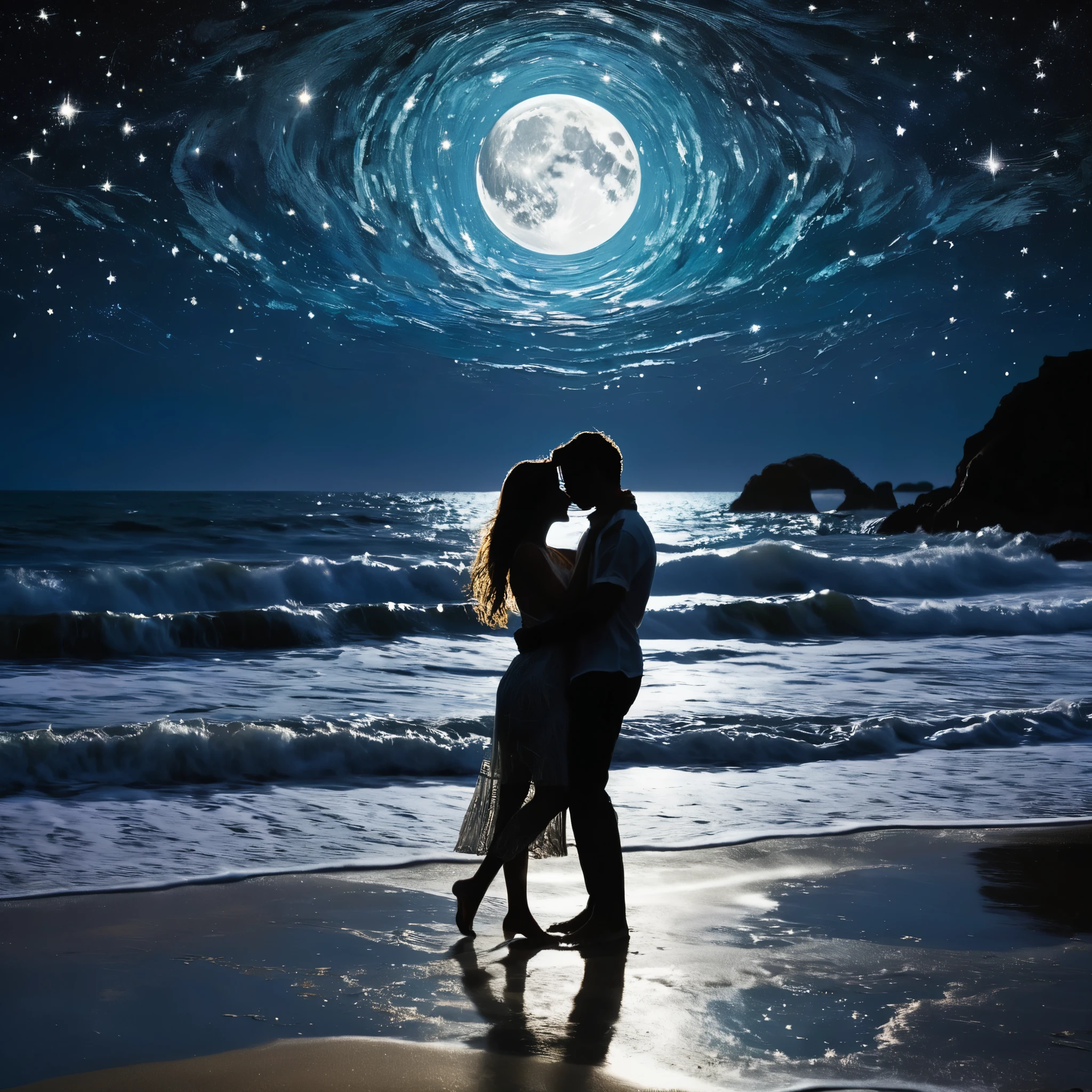 A passionate embrace between two lovers on a moonlit beach, their silhouettes entwined against the shimmering waves.