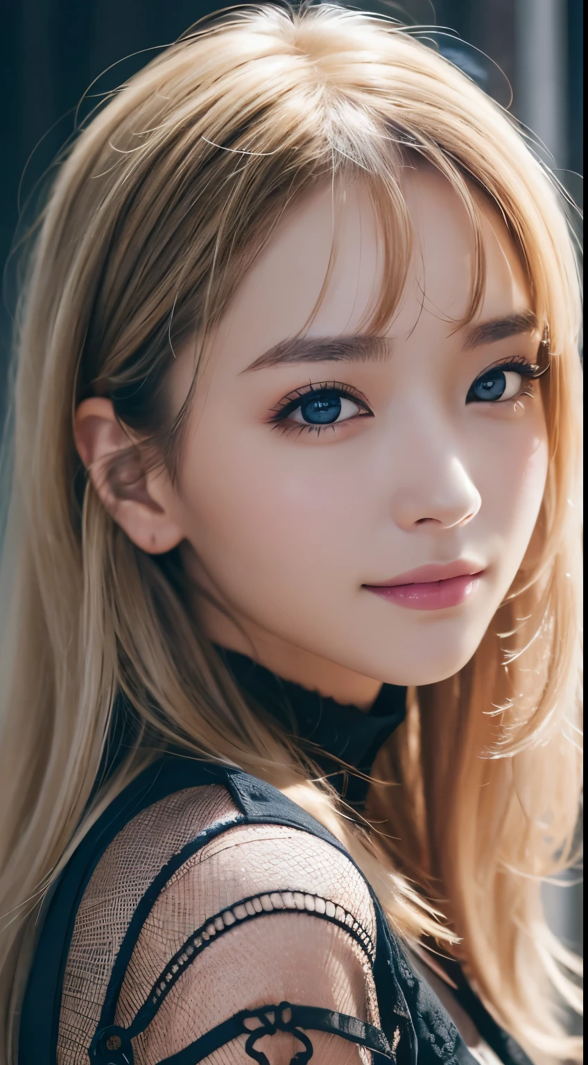 light smile, night, RAW photo, (((portrait of extreme beauty))), (radiant skin)), 1 girl, beautiful girl in Prague, 11 years old, ((natural bright blonde hair)), [blue eyes], shiny glossy skin, silky long straight black hair, eyeliner, long bangs, hair between eyes, fluttering hair, ((masterpiece, top quality, ultra detail, film light, complex details, High Resolution, 8K, Very Detailed)), Detailed Background, 8K UHD, DSLR, Soft Light, High Quality, Film Grain, Fujifilm XT3, Shallow Depth of Field, Natural Light, (No Hand), Upper Eye, Sap Eyes, (ultra realistic) , (illustration), (increase resolution), (8K), (extremely detailed), (best illustration), (beautiful detailed eyes), (best quality), (ultra-detailed), (masterpiece), (wallpaper), (detailed face), solo,1 girl, looking at viewers, delicate details, detailed faces, in the dark, deep shadow, low key,pureerosfaceace_v1, smile,