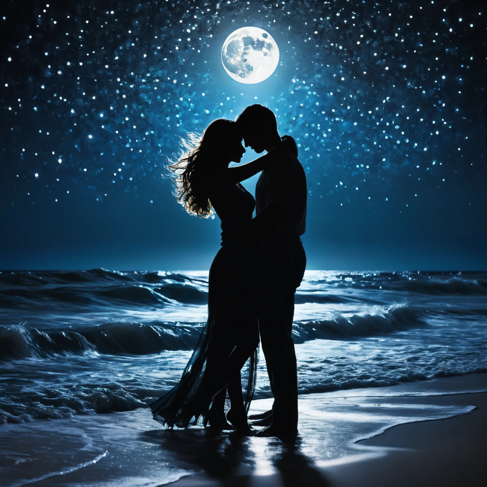 A passionate embrace between two lovers on a moonlit beach, their silhouettes entwined against the shimmering waves.