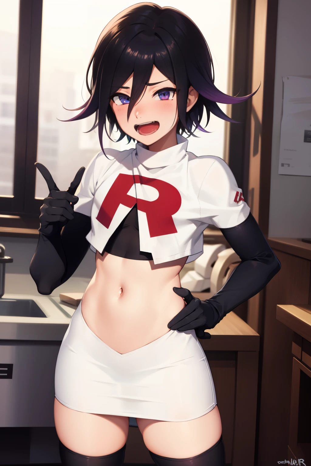 absurdres, cowboy shot, solo, male focus, trap, 1boy, crossdressing,1boy, oma kokichi, team rocket,team rocket uniform, red letter R, white skirt,white crop top,black thigh-highs,black elbow gloves, evil laugh, blush