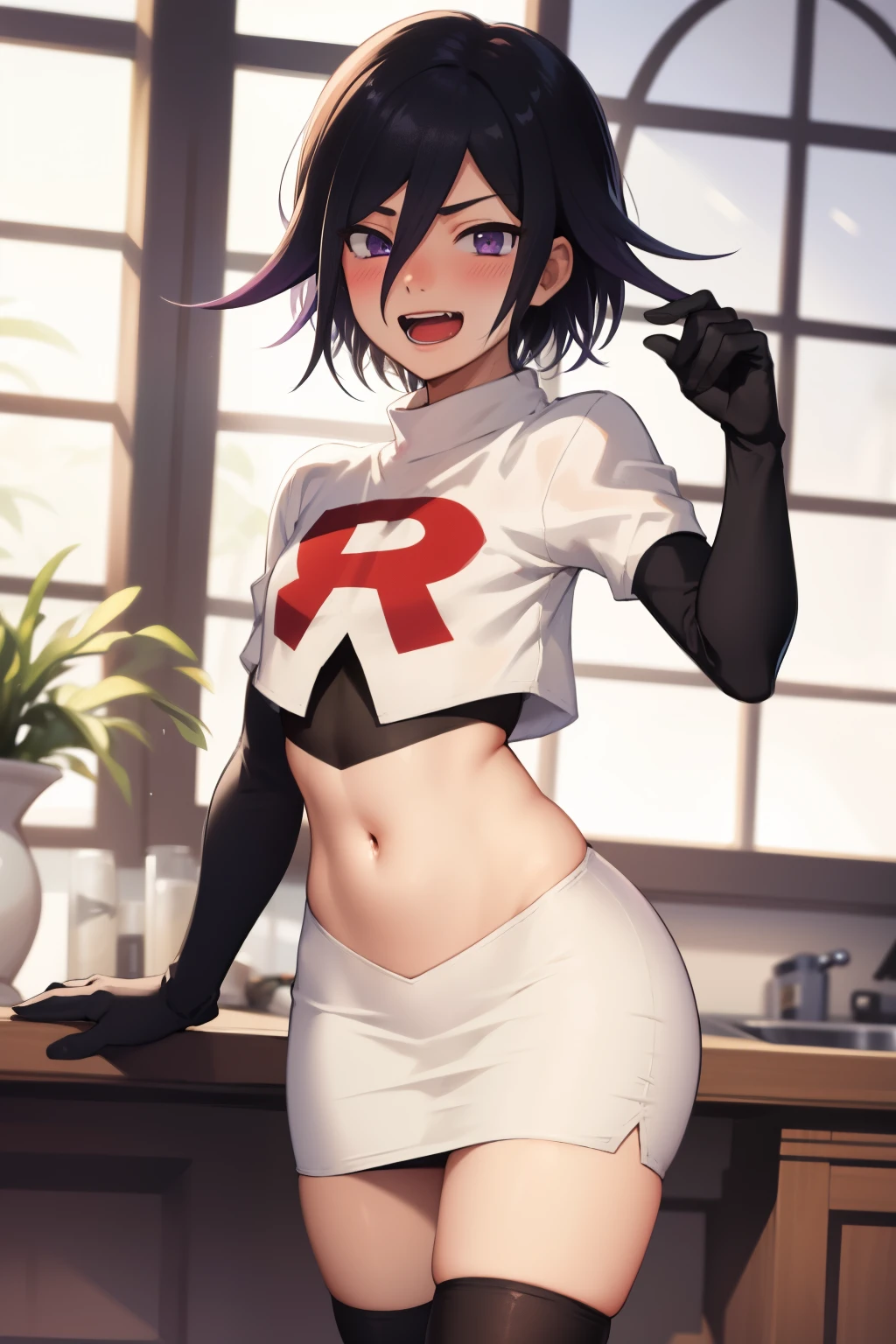 absurdres, cowboy shot, solo, male focus, trap, 1boy, crossdressing,1boy, oma kokichi, team rocket,team rocket uniform, red letter R, white skirt,white crop top,black thigh-highs,black elbow gloves, evil laugh, blush