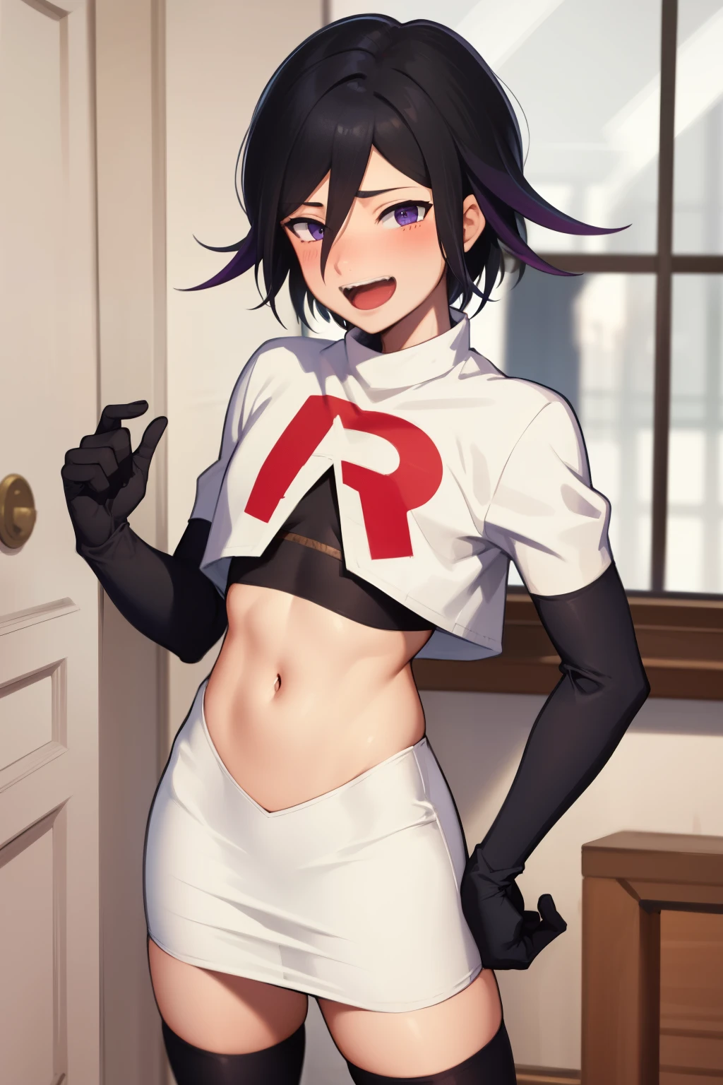 absurdres, cowboy shot, solo, male focus, trap, 1boy, crossdressing,1boy, oma kokichi, team rocket,team rocket uniform, red letter R, white skirt,white crop top,black thigh-highs,black elbow gloves, evil laugh, blush