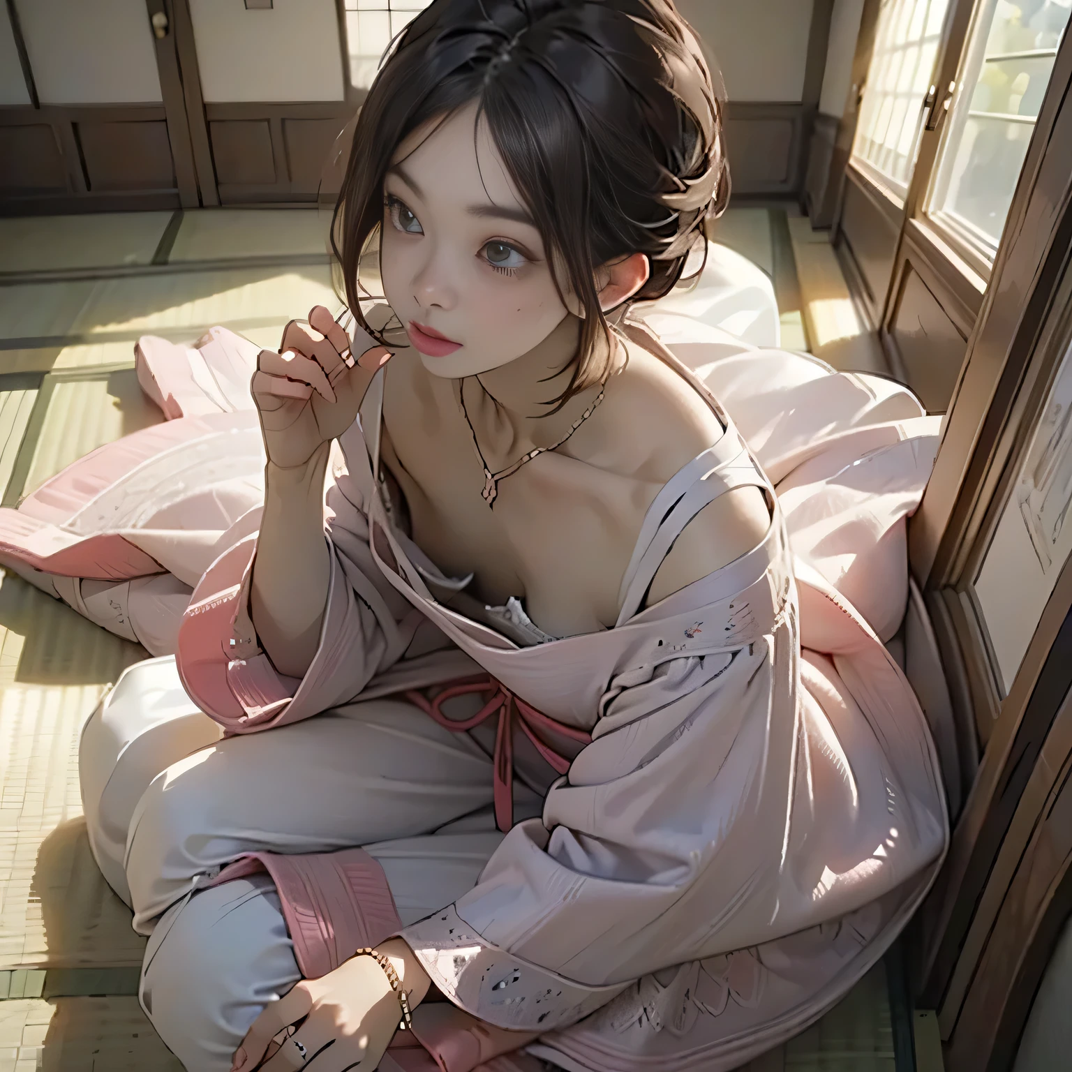 highest quality, chest focus, soft light, ultra high resolution, (realistic:1.4), Raw photo, 1 Japanese girl, alone, flat chest, down blouse,  small breasts, (pupil, light in the eyes),sexy detailed lingerie,overlap loose dress, (small box),(High resolution details of human skin texture), short hair,necklace,  From top left ,