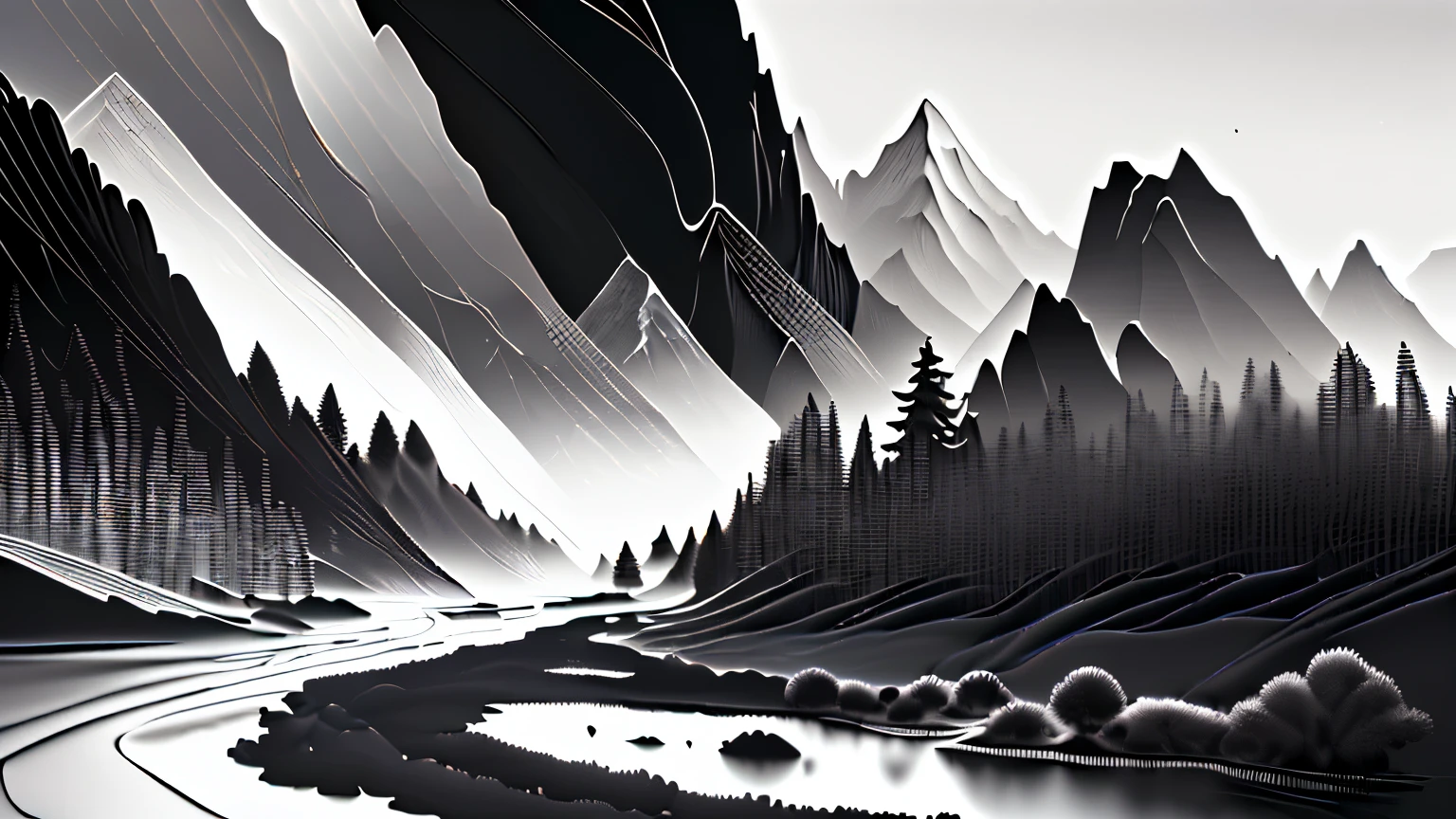 (realistic,highres,masterpiece:1.2),black and white ink landscape, detailed mountain range, intricate trees, flowing river, dramatic clouds, smooth ink strokes, contrasting shadows, ethereal atmosphere, minimalistic style, soft and subtle gradients, delicate textures, delicate vegetation, tranquil mood, precise line work, dynamic composition, immersive depth, captivating chiaroscuro, expertly rendered ink details, intricate hatching, fine lines, skillful cross-hatching, beautiful balance of light and darkness, masterful ink wash techniques, evocative sense of movement, timeless and classic aesthetic, harmonious contrast, strong sense of depth, breathtaking simplicity.