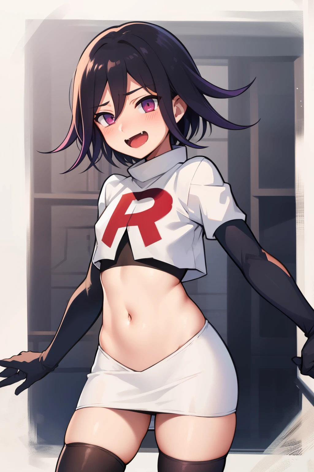 absurdres, cowboy shot, solo, male focus, trap, 1boy, crossdressing,1boy, oma kokichi, team rocket,team rocket uniform, red letter R, white skirt,white crop top,black thigh-highs,black elbow gloves, evil laugh, blush