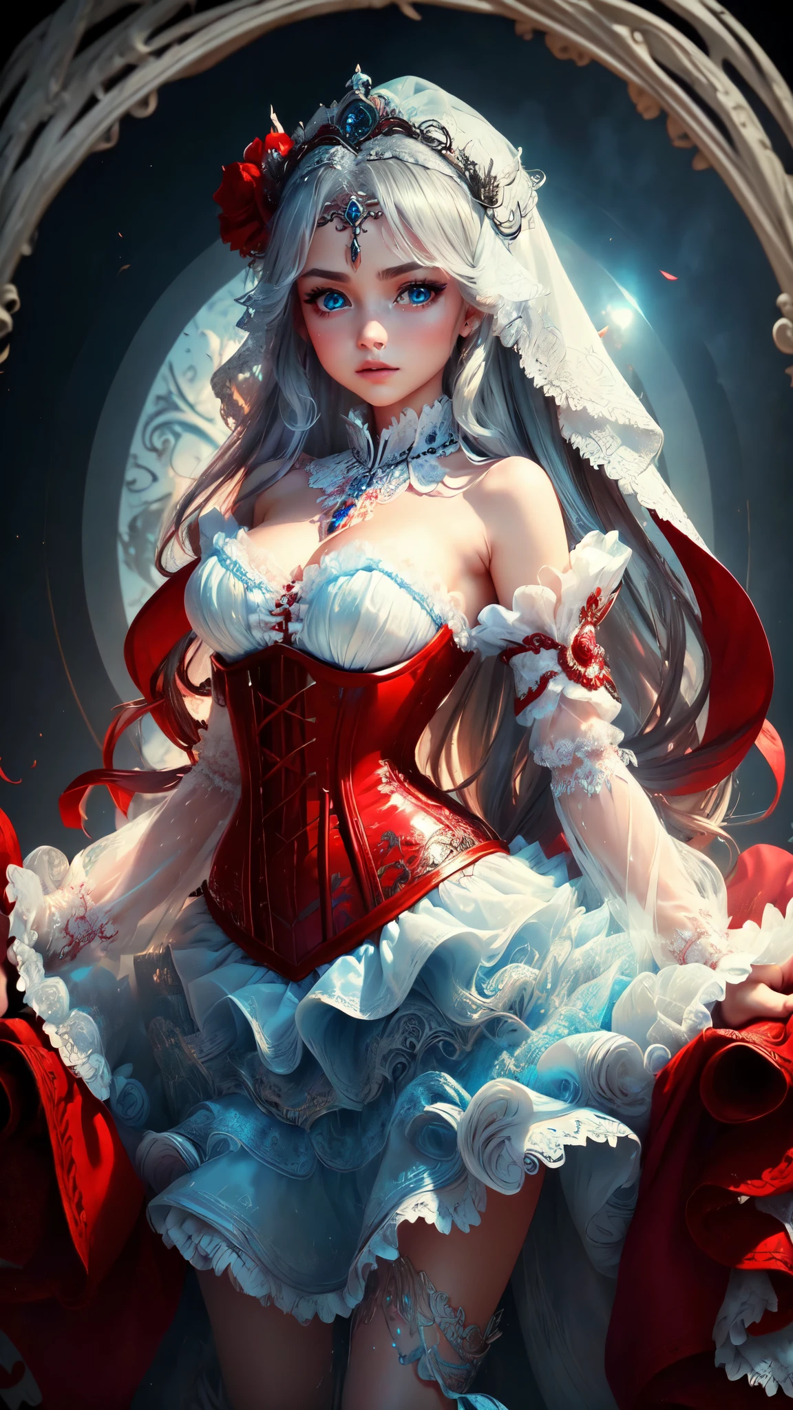 ((the Extremely Detailed CG Unity 8K Wallpapers)), masutepiece, Ultra-detailed, floating, High resolution, Sexually suggestive, (Petite, ridiculously long gray hair, Princess, White Devil Taoism, Blue eyes, (Gorgeous long layered long dress in white and red see-through、Long sleeves and intricate embroidery), Bridal Veil, circlet, bridal gauntlets, Blushing, Shy, Ruffle Petticoat, Glamorous corset,DETAILED FACE, DETAILED EYES