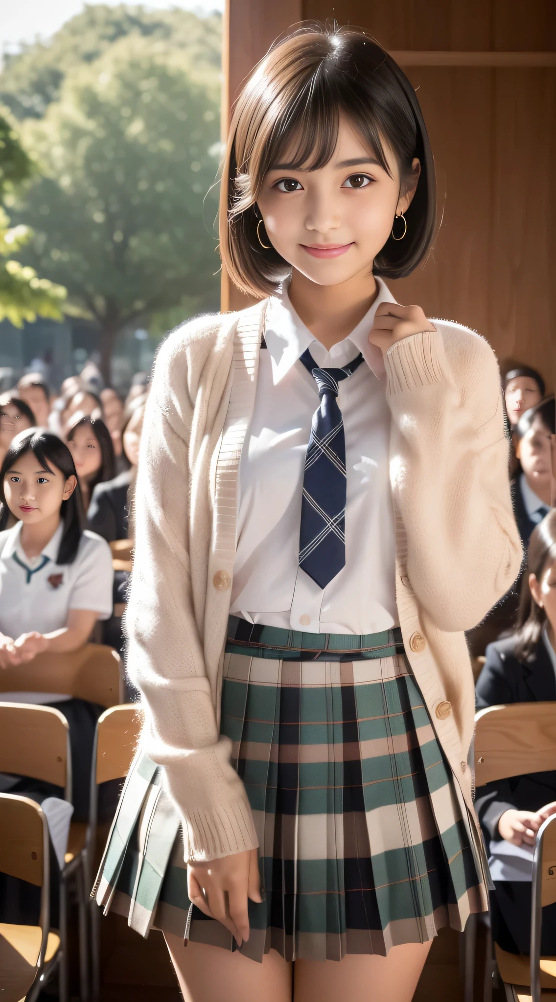 (school uniform, white blouse, cardigan, plaid pleated mini skirt), (Raise the hem of the skirt 1.3), (full length, whole body), (black hair, ************, (Small waist and big chest style, low length:1.2), short bob hair, aqua eye, blush sticker, one small star earring, lively eyes, sister girl, round face, Downward eyebrows, light blush, look at the audience, affectionate cute, pretty girl, surreal high school girl, look at the audience, natural smile, others&#39;hymn of), (surrealism, Natural light, written boundary depth, nikon, 8K, Super detailed, masterpiece, advanced details, anatomically correct, Award history)