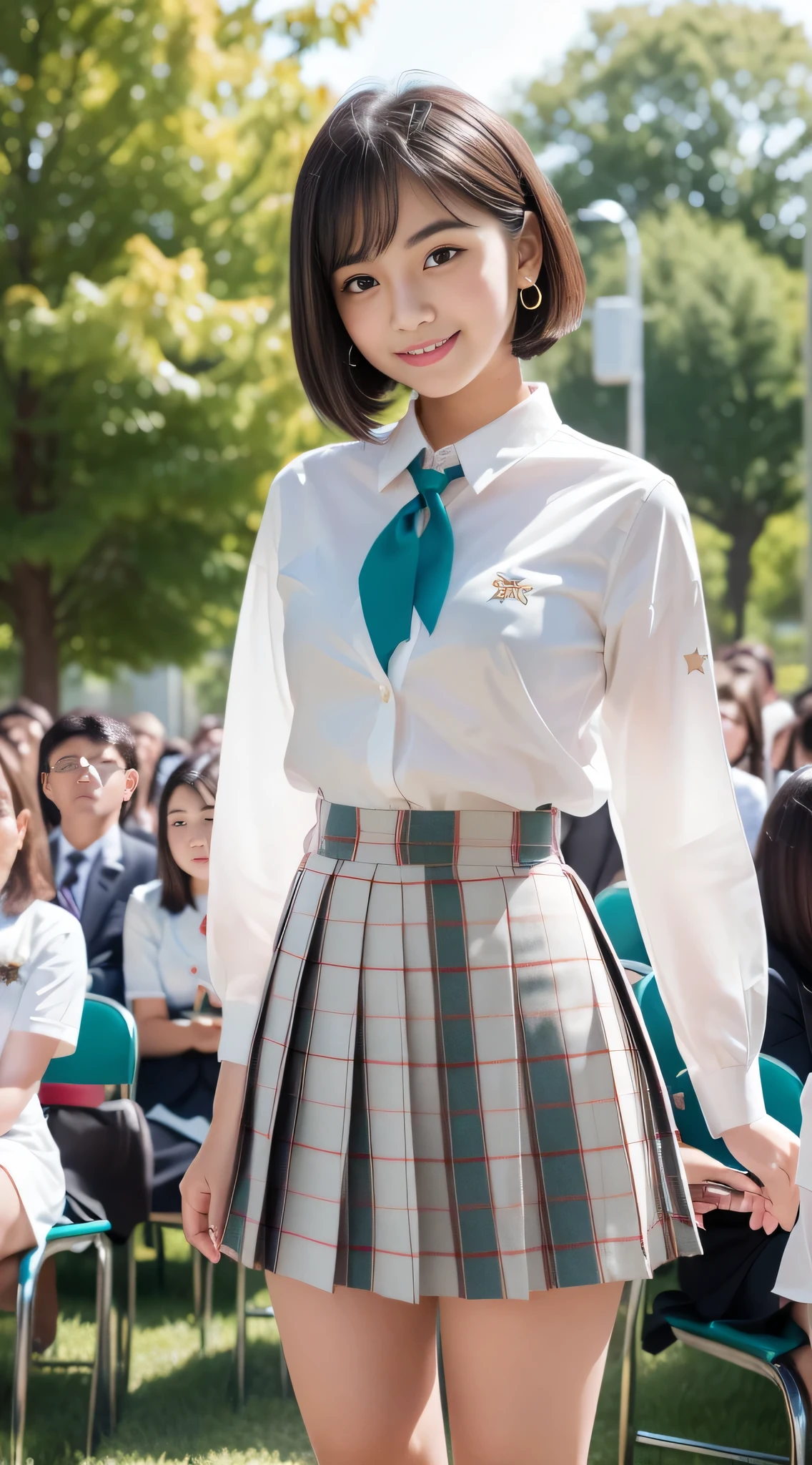 (school uniform, white blouse, cardigan, plaid pleated mini skirt), (Raise the hem of the skirt 1.3), (full length, whole body), (black hair, ************, (Small waist and big chest style, low length:1.2), short bob hair, aqua eye, blush sticker, one small star earring, lively eyes, sister girl, round face, Downward eyebrows, light blush, look at the audience, affectionate cute, pretty girl, surreal high school girl, look at the audience, natural smile, others&#39;hymn of), (surrealism, Natural light, written boundary depth, nikon, 8K, Super detailed, masterpiece, advanced details, anatomically correct, Award history)