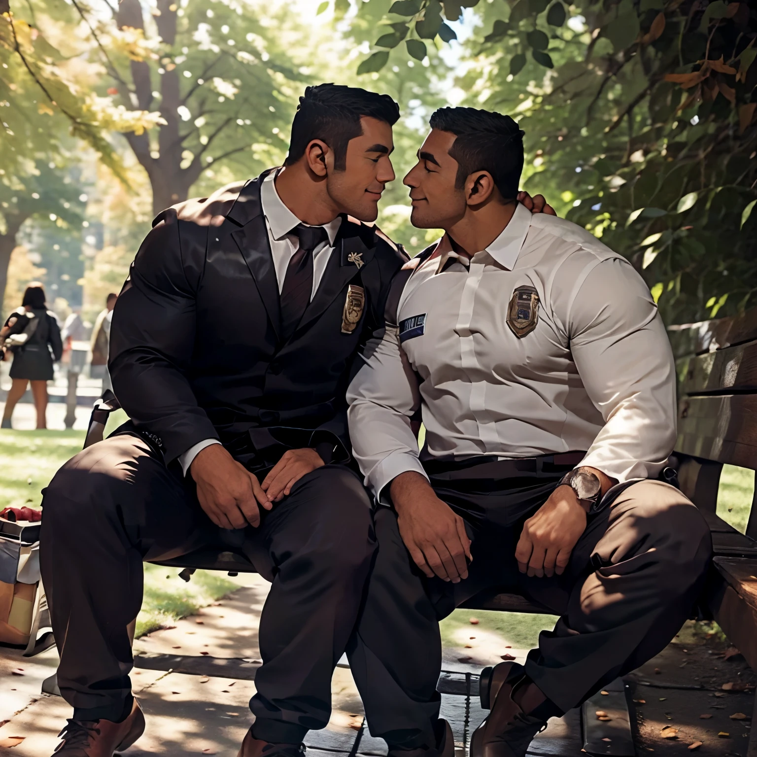 Gay deep kiss, in a Police suit, far from public, on the trees, Autumn, panting, sweat, High resolution, sit on the bench, full body, Love couple, kissing on the bench, touch each other pecs, lewd