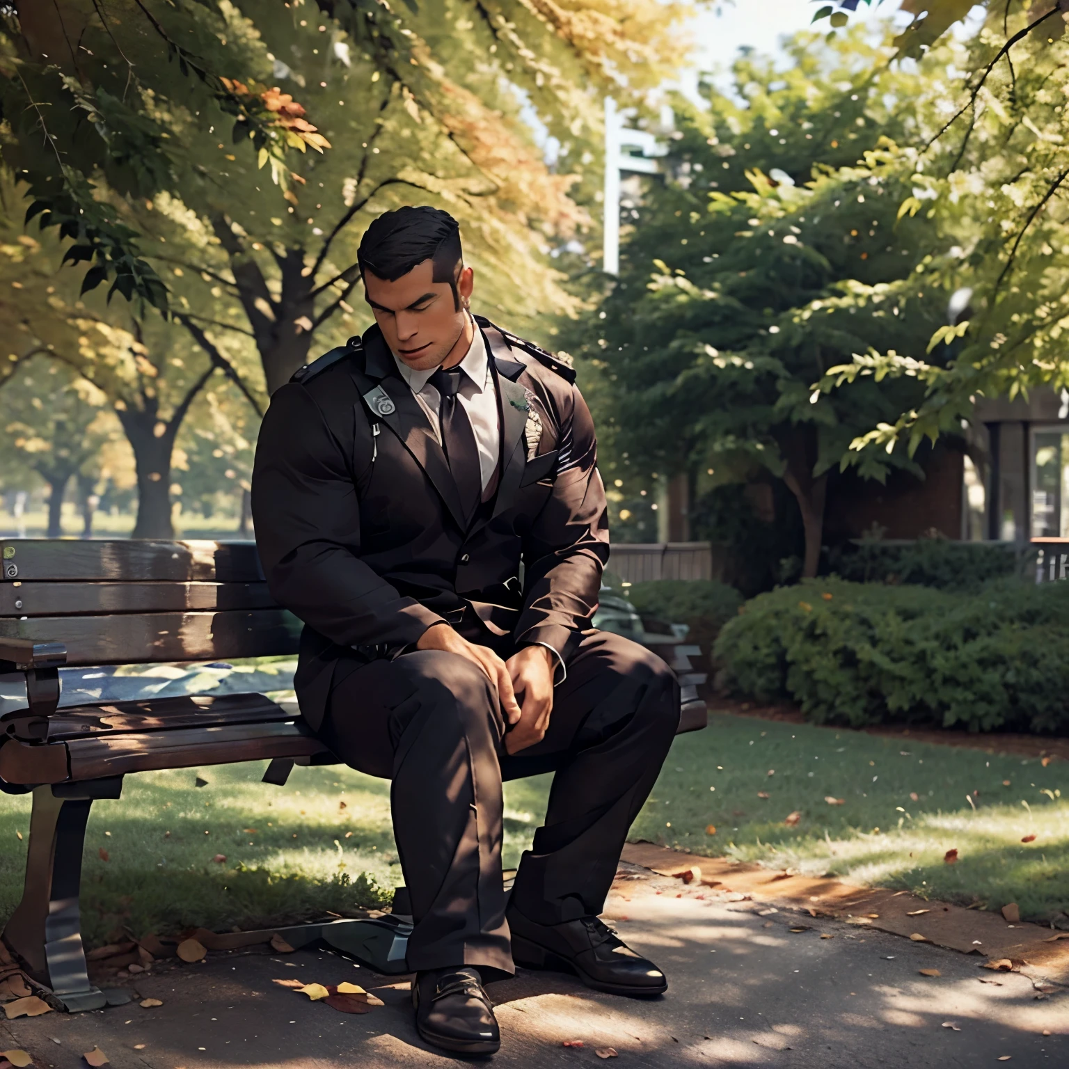 Gay deep kiss, in a Police suit, far from public, on the trees, Autumn, panting, sweat, High resolution, sit on the bench, full body, Landscape