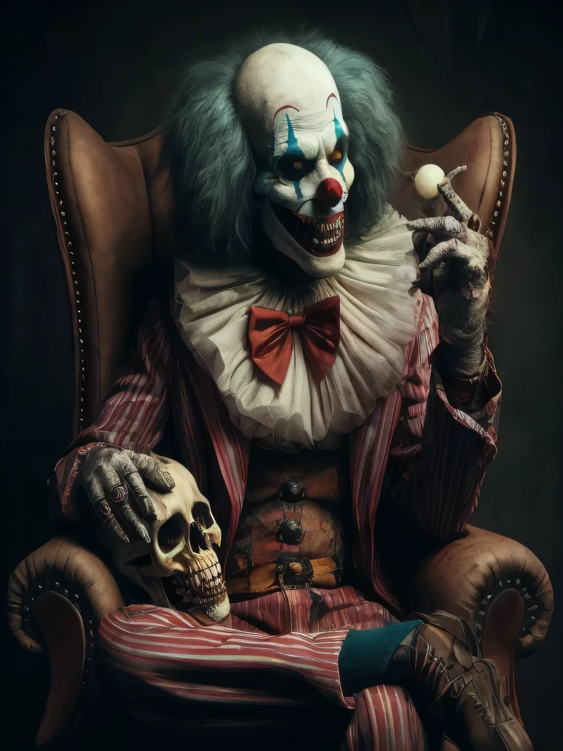 clown sitting in a chair with a skull in his hand, portrait skull clown, portrait death clown, scary clown, skull clown, skull clown inside a circus, dead clown, clown, cutecore clowncore, horror photography, the clown is far from the camera, stefan gesell, by Darek Zabrocki, by Aleksander Kobzdej