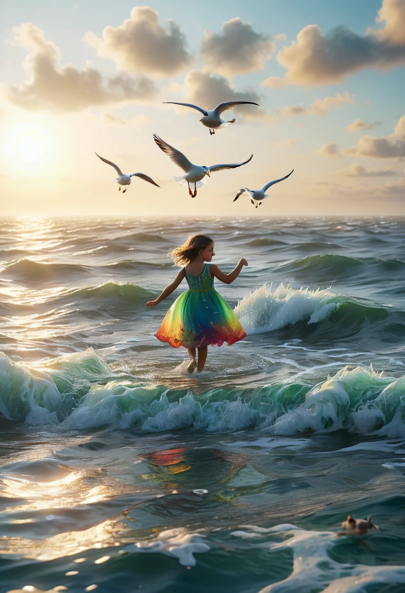 ((children dancing in the middle of the sea, on the surface of the sea:1.5)), waves clouds, sunset, seagulls, epic:1.4, ((eye-catching and colorful:1.5)), ((Imaginative scene)), ((very detailed: 1.4), ((Masterpiece)), (children Hyper-detailed and beautiful: 1.3), (Photorealistic: 1.4), 8k.