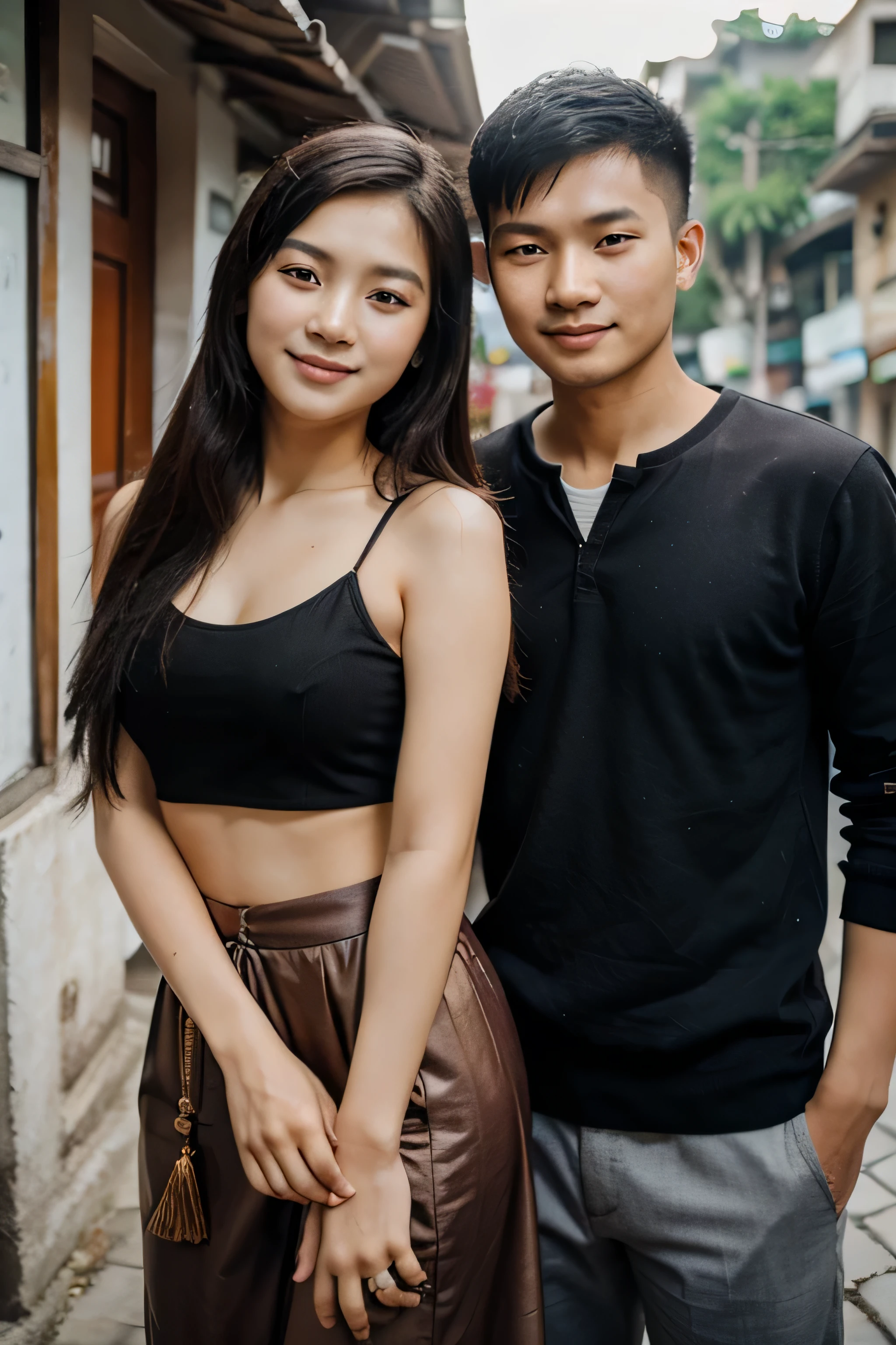 beautiful young Vietnamese couple, Man and woman, They're happy, Looking at the camera
