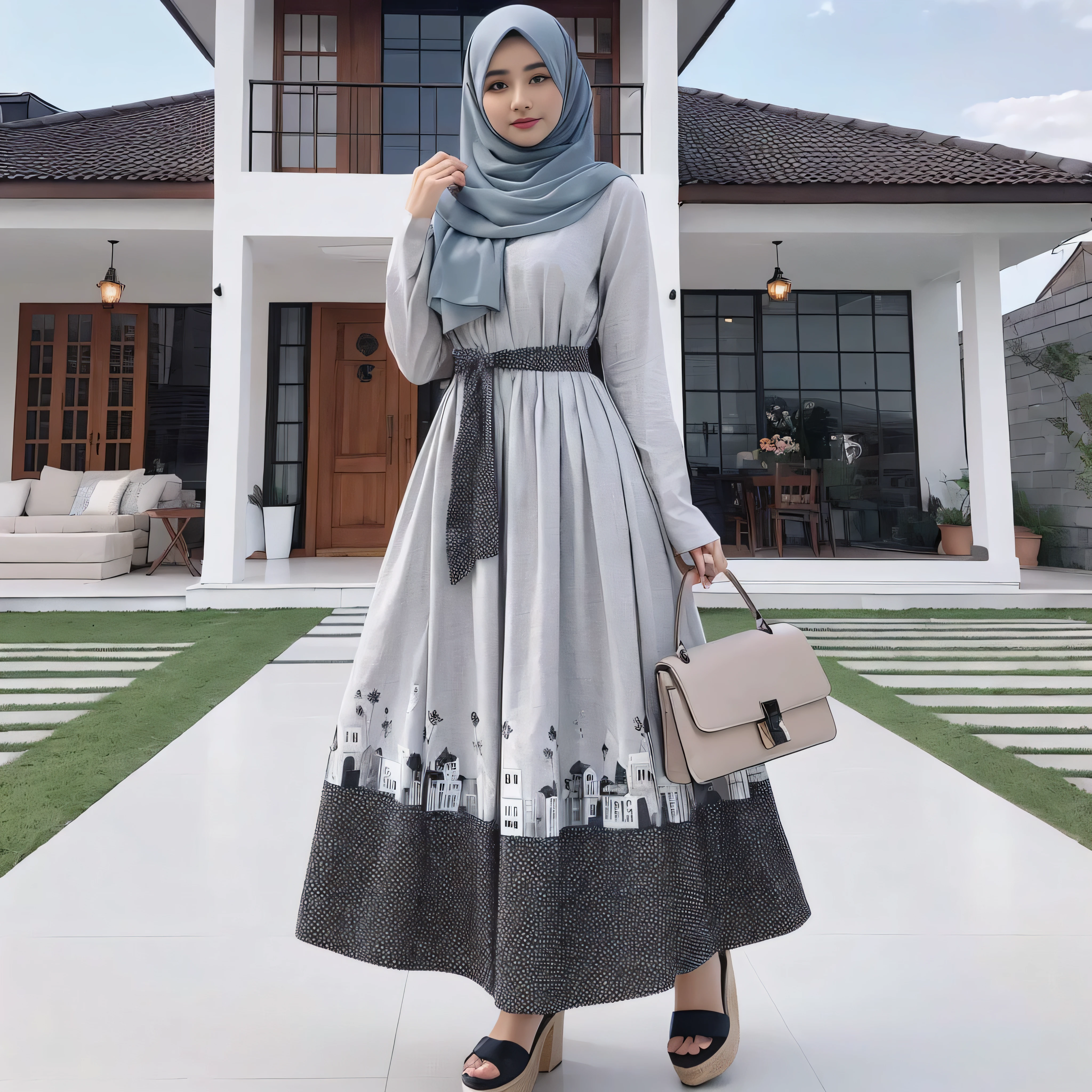 a woman in a gray dress and black shoes standing in front of a house, simple dress, hijab, full covered dress, stylish dress, long dress female, beautiful masterpiece, elegant dress, wearing an elegant dress, modest flowing gown, long dress, inspired by Nazmi Ziya Güran, monochrome, 🤠 using a 🖥, wonderful masterpiece, idian dress, dress