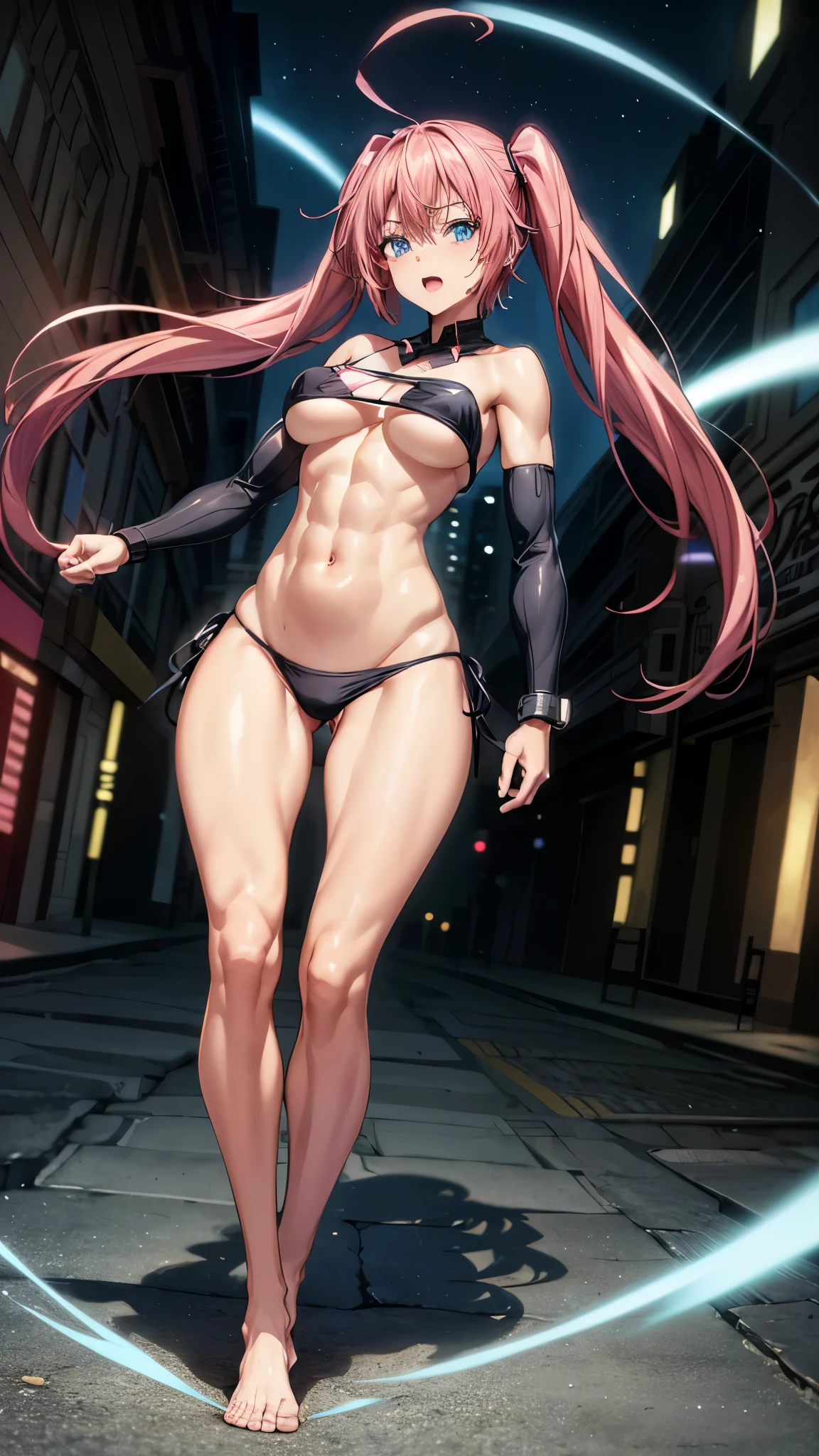 1 girl, (medium boobs))) (((big ass))), (happy), (((wearing short bikini))), (long pink hair), (((blue eyes))), (in the city cyberpunk), (slender), (thin waist), (butt only), legs (slim and muscular), muscular belly, barefoot, (evil look), (( (full body photo))), (standing) , showing ass to audience, (full body scene), twintails, glowing eyes, eye reflection, anime, Anime Style, ray tracing, glow, drop shadow, panorama, Sony FE, 8k, High definition, artwork art, Accurate, Anatomically Correct, super detail, Best quality, high resolution, high definition, 16k