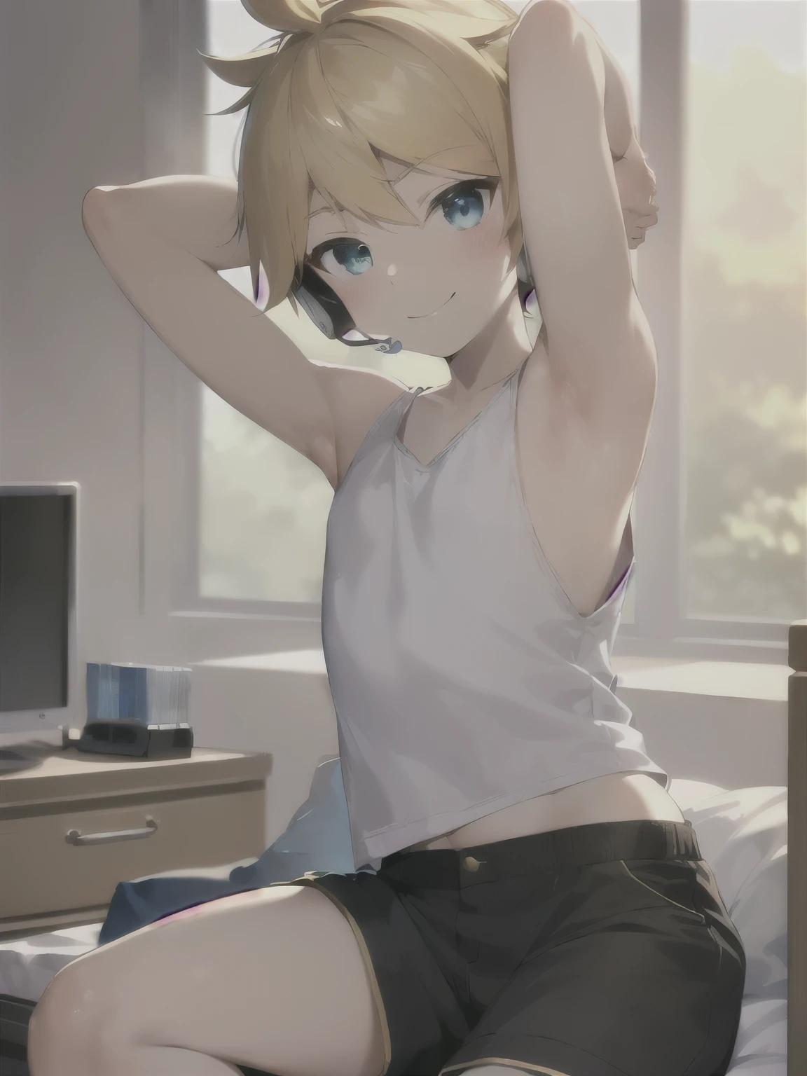 (masterpiece, best quality, ultra precision, (one boy), Young boy, Shota, Kagamine len, Blonde hair, Cowlick, bedroom, character focus, black short pants, Tank top, innocent, slender, blush, cute, cool, smile a little, happy, Headphones, handsome, high school student, male model, attractive boy, (Showing armpit:1.3)