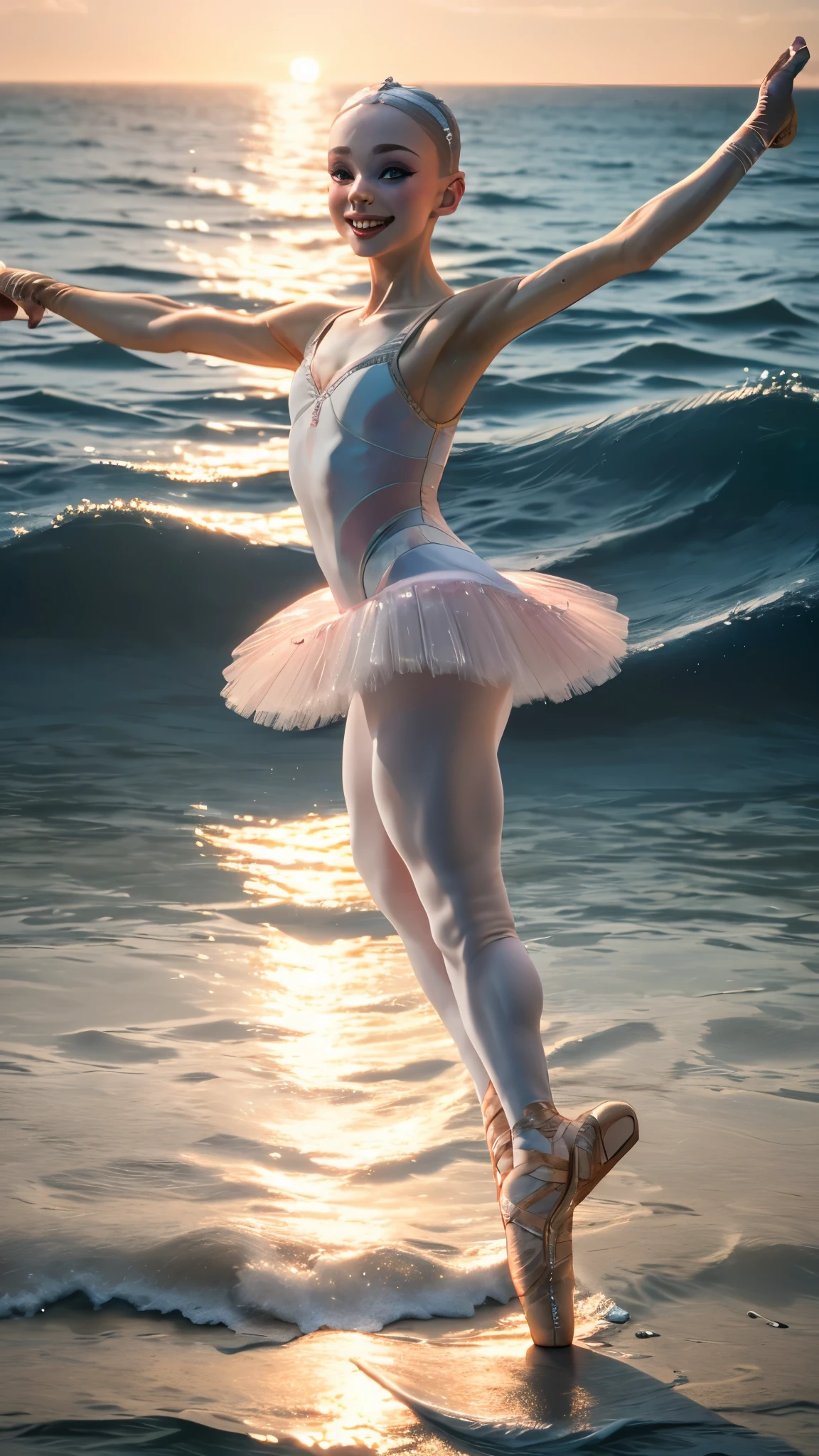 (sharp focus at ballerina dancing on sea water:1.5),full body,shoes,tutu,hair clip,gorgeous smile,perfect anatomy,water splash,sea,happy,sunset,masterpiece,ultra-detailed,8k,gorgeous color grading,cinematic lighting,epic