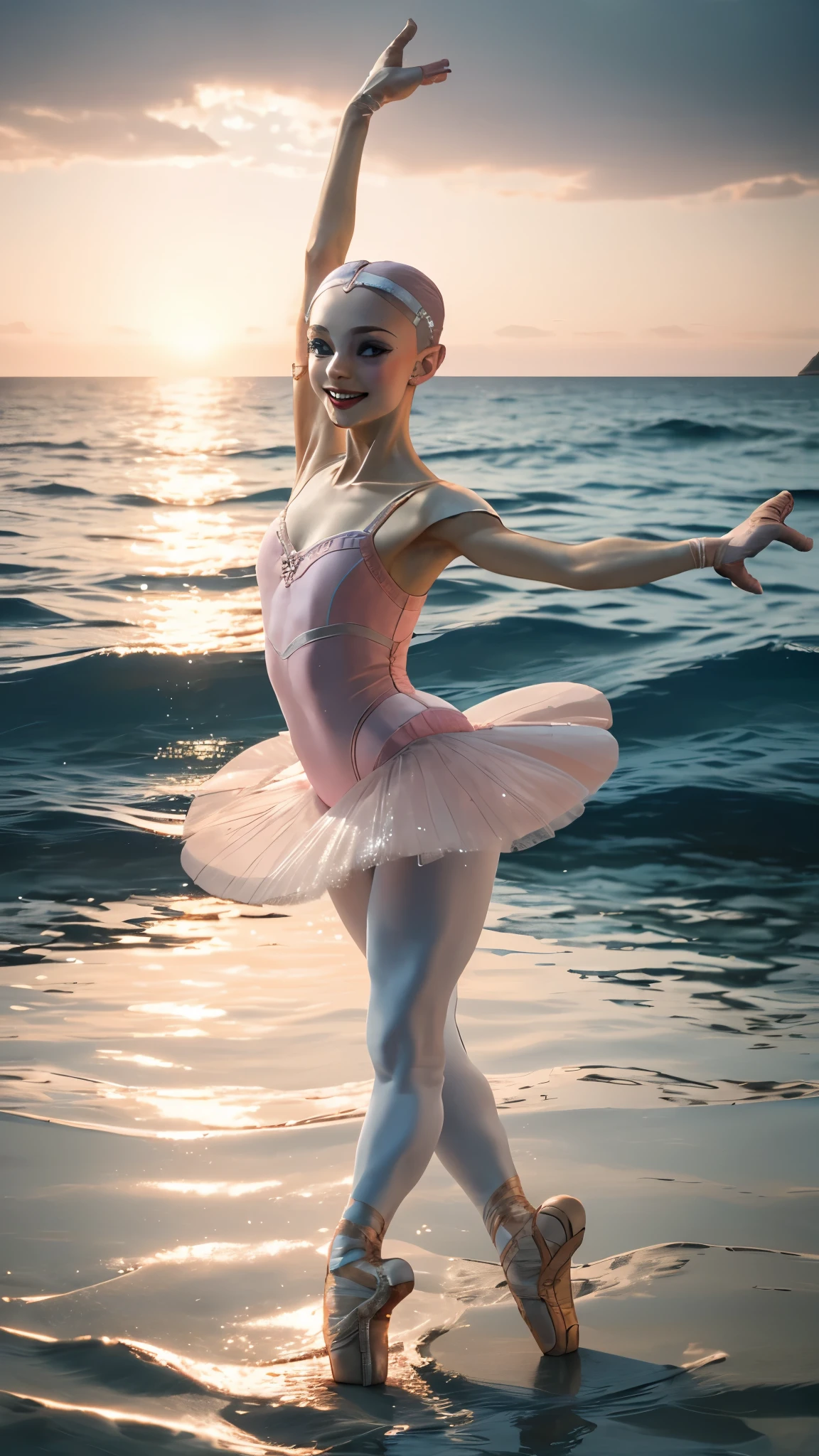 (sharp focus at ballerina dancing on sea water:1.5),full body,shoes,tutu,hair clip,gorgeous smile,perfect anatomy,water splash,sea,happy,sunset,masterpiece,ultra-detailed,8k,gorgeous color grading,cinematic lighting,epic
