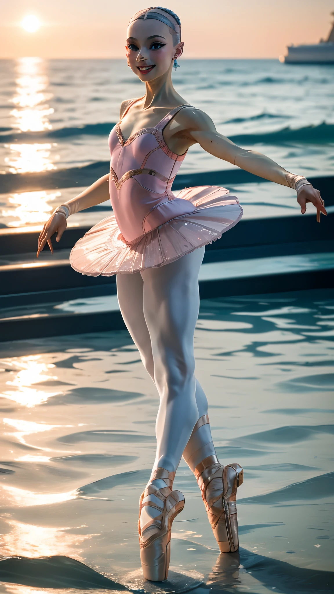 (sharp focus at ballerina dancing on sea water:1.5),full body,shoes,tutu,hair clip,gorgeous smile,perfect anatomy,water splash,sea,happy,sunset,masterpiece,ultra-detailed,8k,gorgeous color grading,cinematic lighting,epic