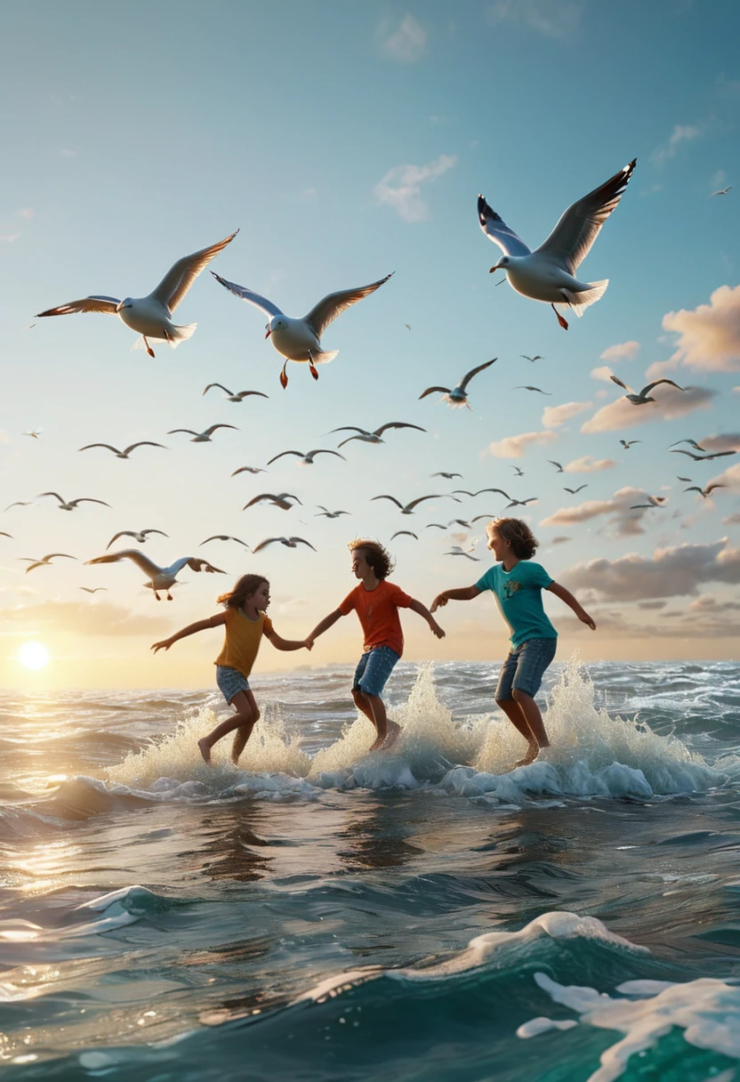 ((several children dancing in the middle of the sea, on the surface of the sea:1.5)), waves clouds, sunset, seagulls, epic:1.4, ((eye-catching and colorful:1.5)), ((Imaginative scene)), (( highly detailed: 1.4), ((Masterpiece)), (children Hyper-detailed and beautiful: 1.3), (Photorealistic: 1.4), 8k.