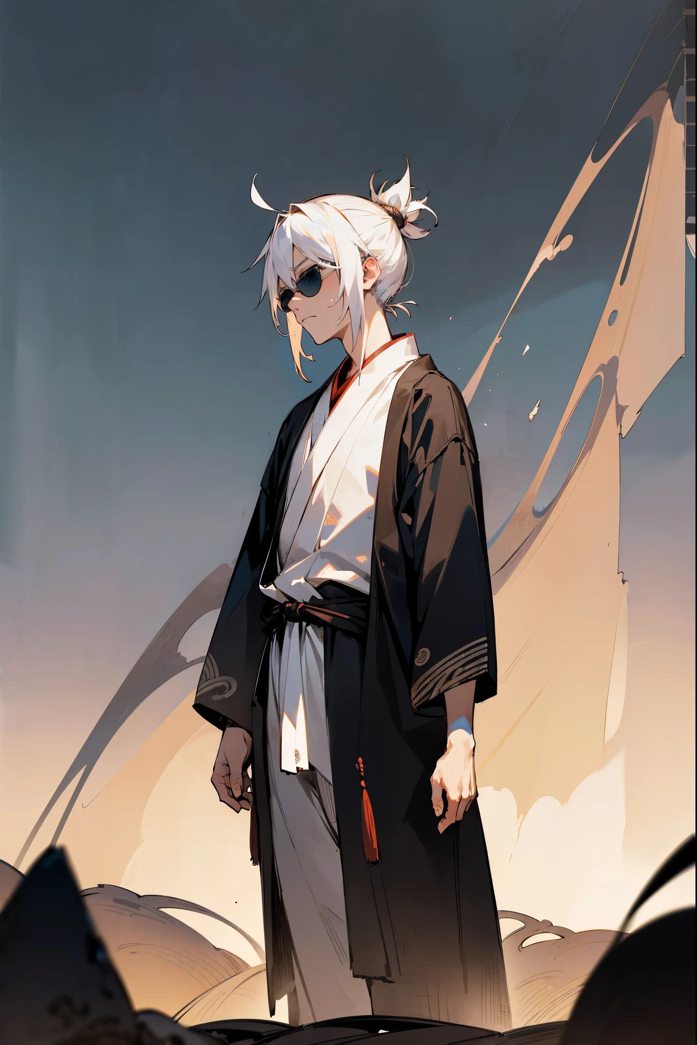 1male, teenager, white hair, short hair, messy man bun, blue eyes, ((black aviators)), white yukata, black underclothing, (old japan background), detailed background, standing on path, annoyed expression, old japan town background, sakura